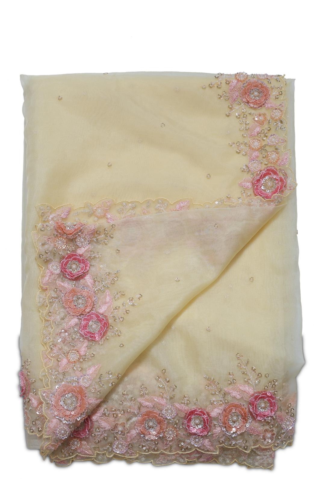Lemon Yellow Embroidered Organza Saree F00933