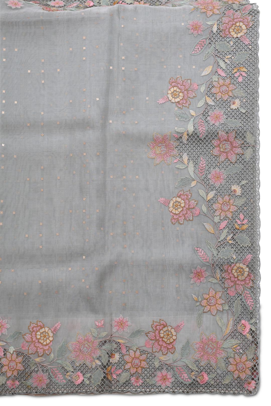 Grey Embroidered Organza Saree F00126