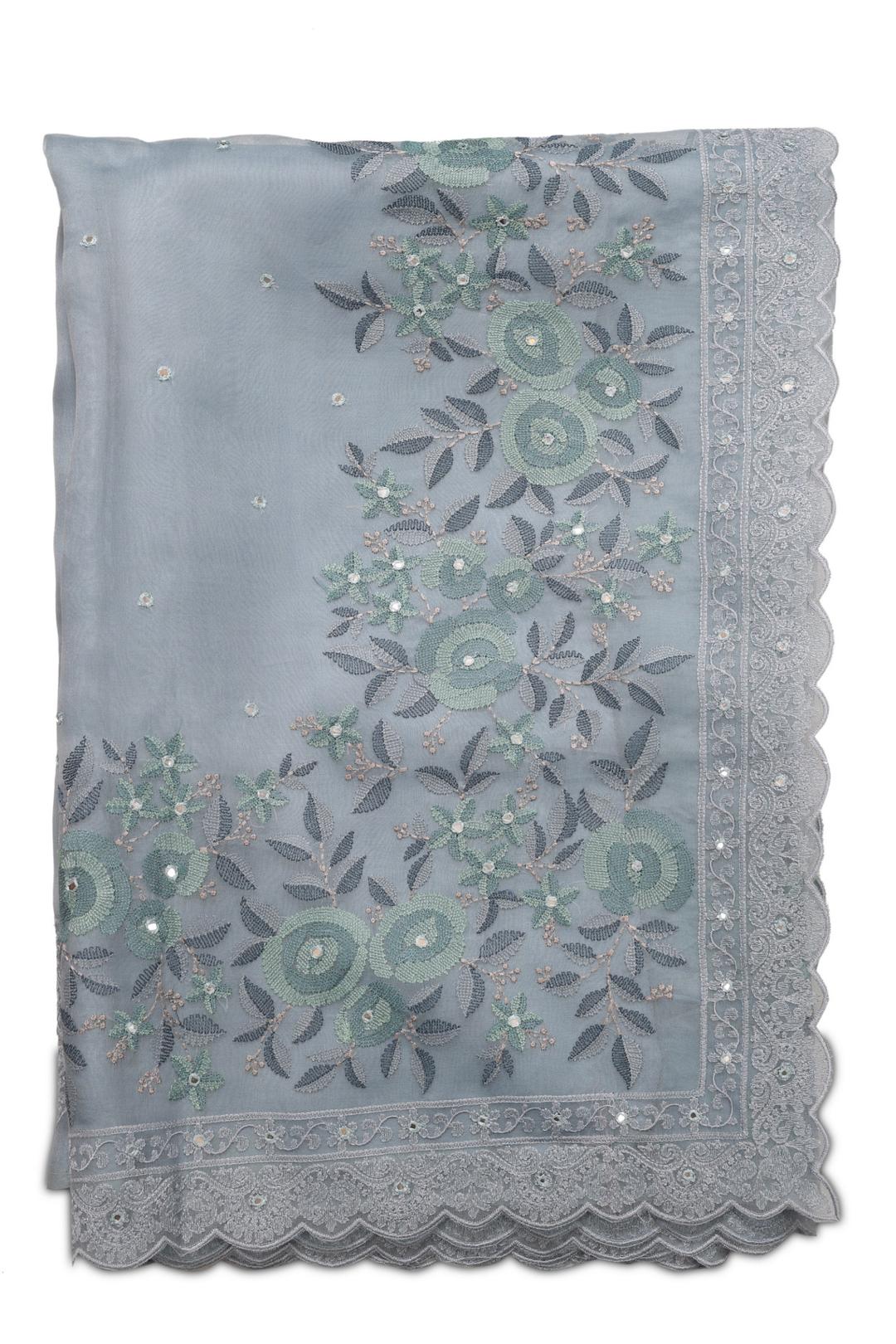 Grey Embroidered Organza Saree F00124