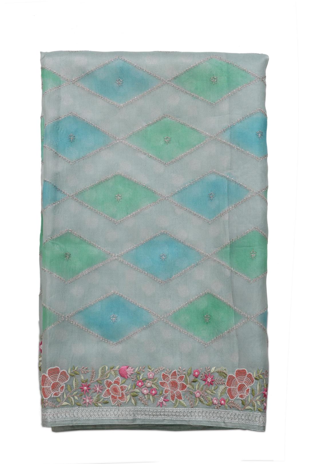 Blue And Green Hand Painted And Embroidered Organza Saree ES1305A