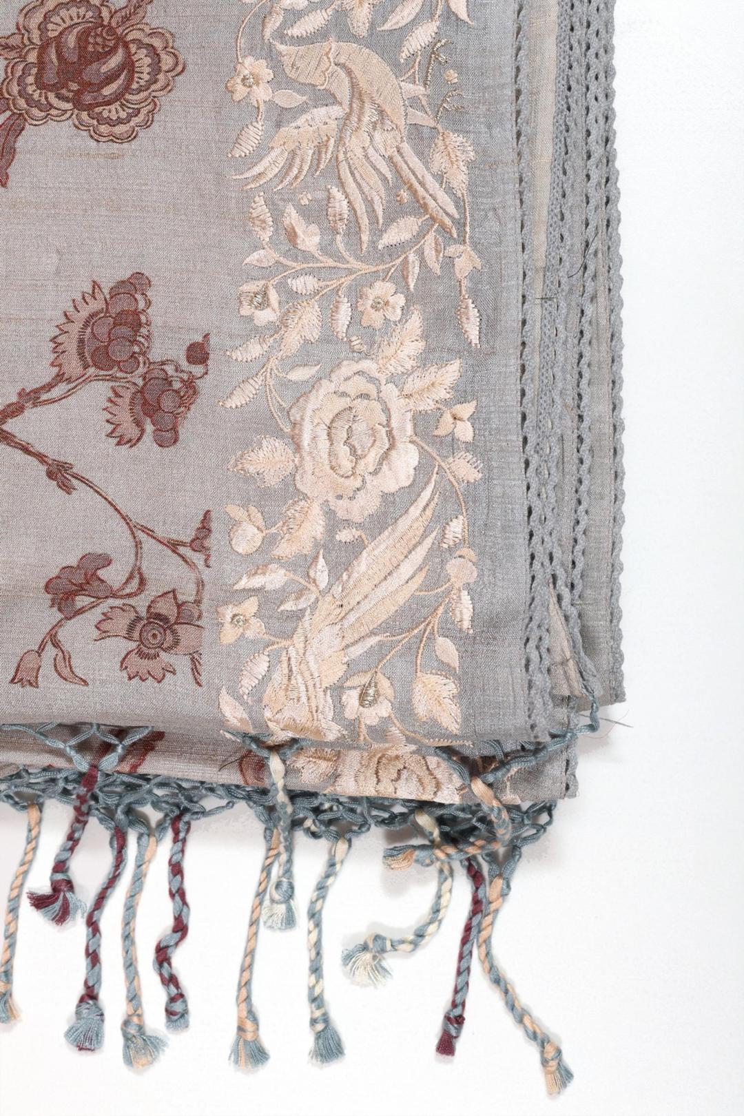 Grey Printed And Embroidered Tussar Saree F00695A