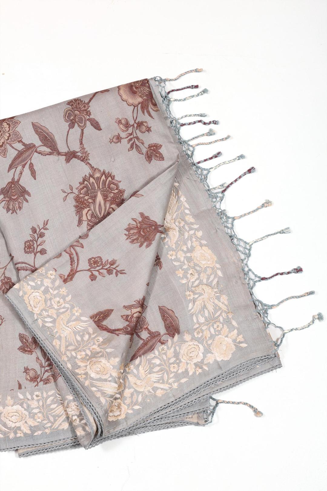 Grey Printed And Embroidered Tussar Saree F00695A