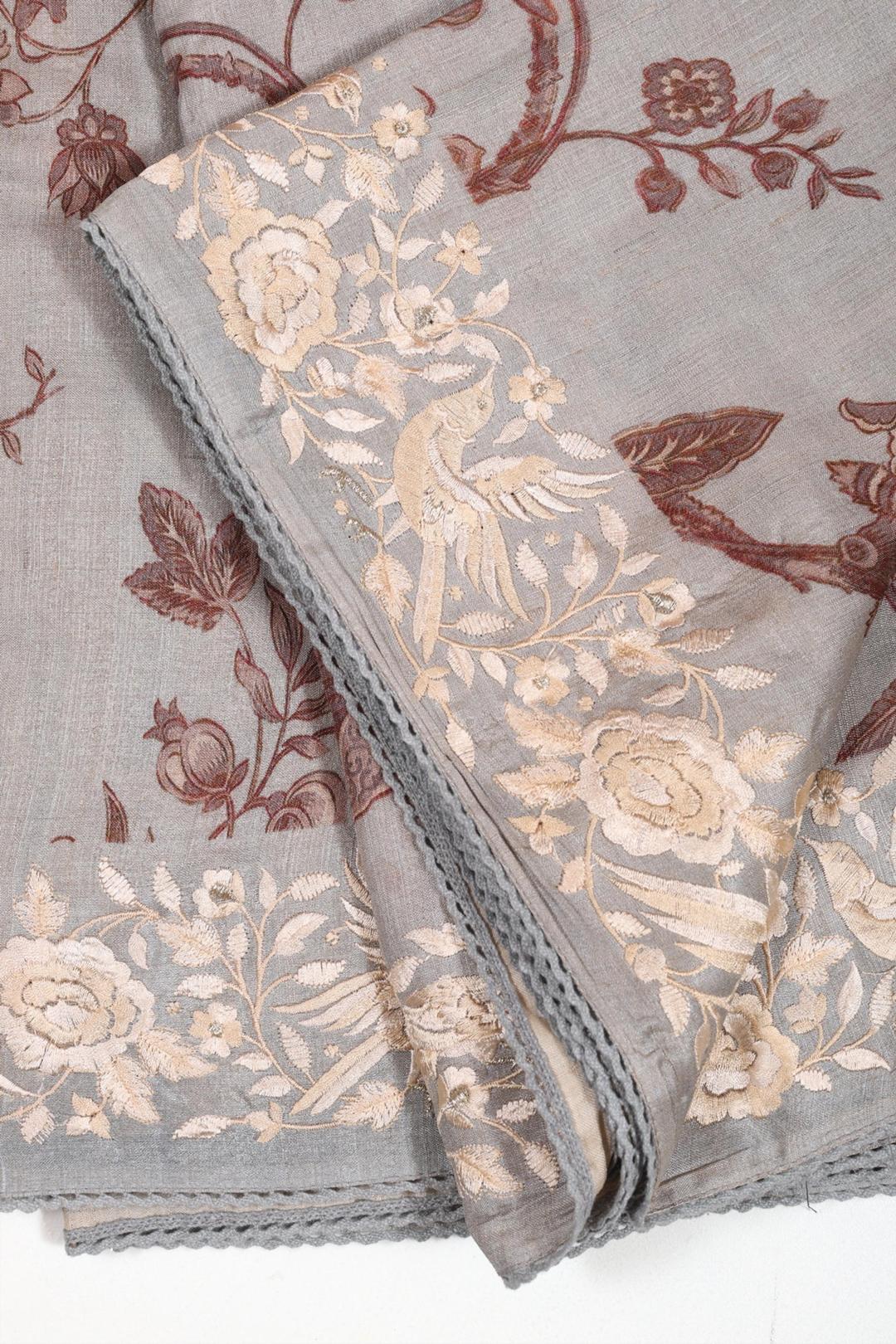 Grey Printed And Embroidered Tussar Saree F00695A