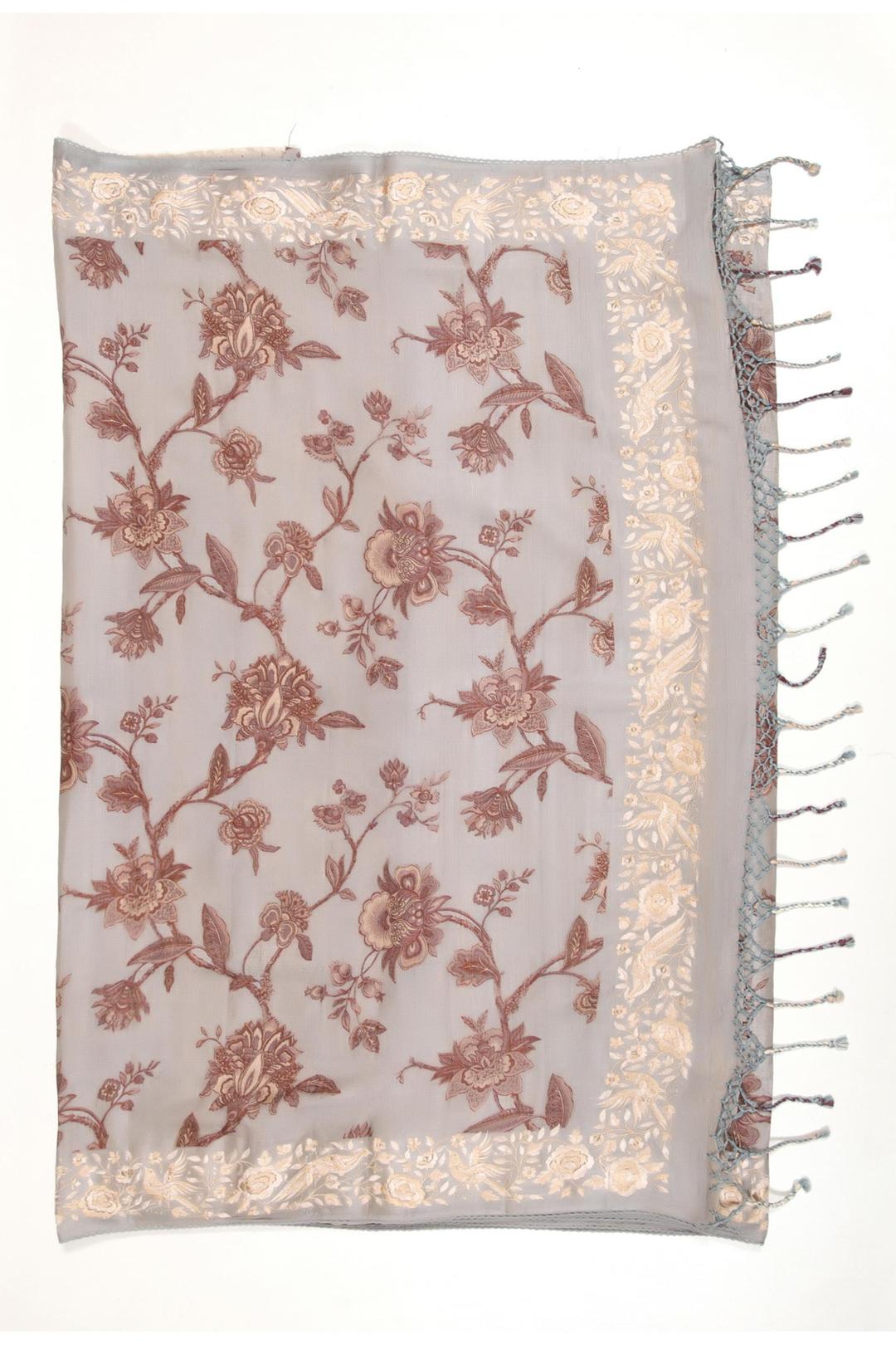 Grey Printed And Embroidered Tussar Saree F00695A