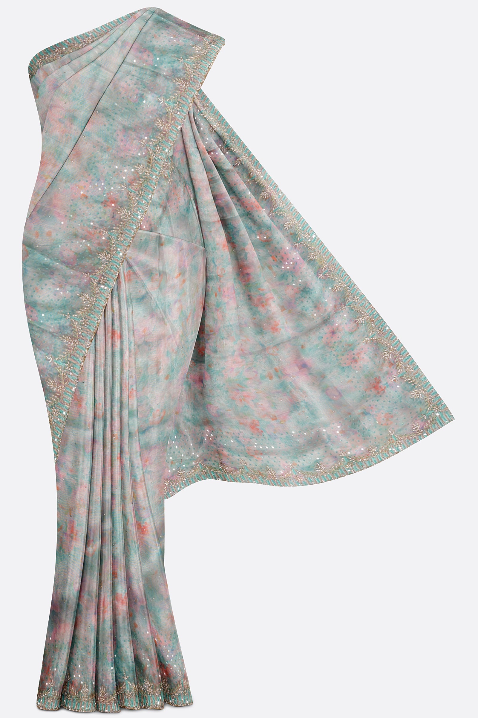 Blue Printed Kora Tissue Saree 10800
