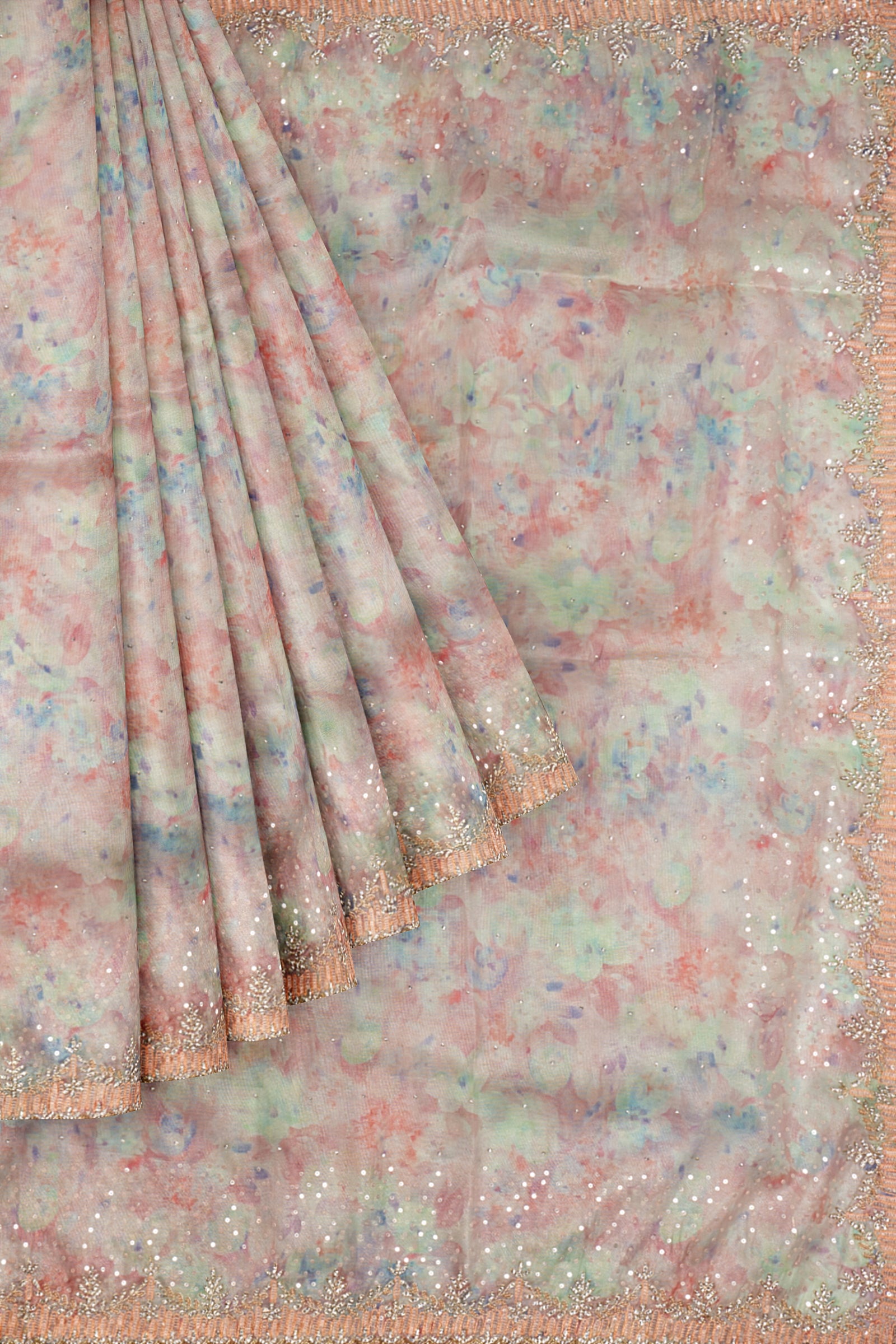 Sandal Printed Kora Tissue Saree F00798