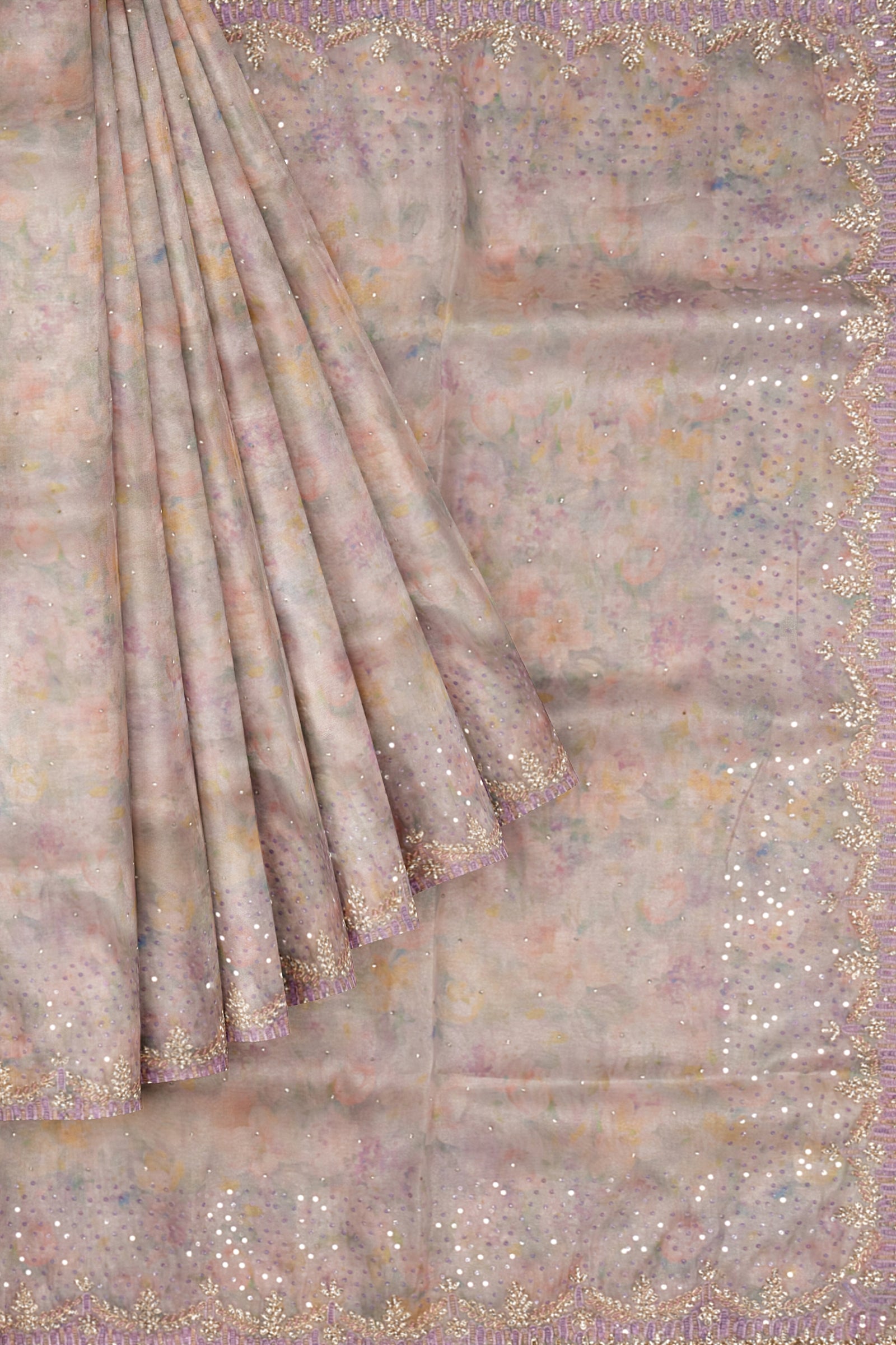 Lavender Printed Kora Tissue Saree F00798