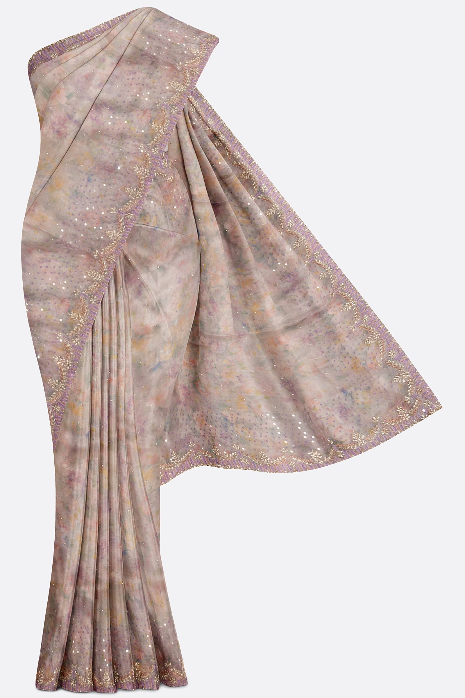 Lavender Printed Kora Tissue Saree F00798