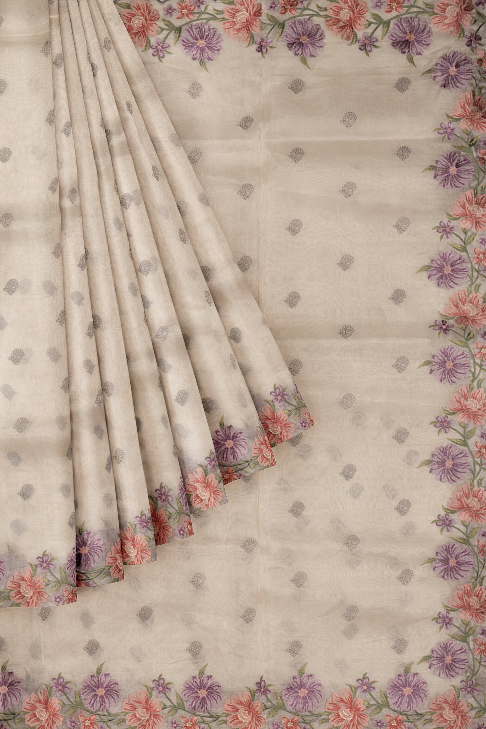 Grey Embroidered Kora Tissue Saree F01030