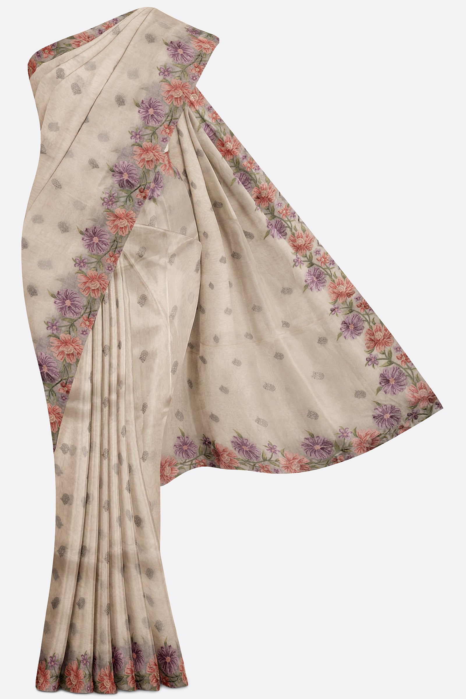 Grey Embroidered Kora Tissue Saree F01030