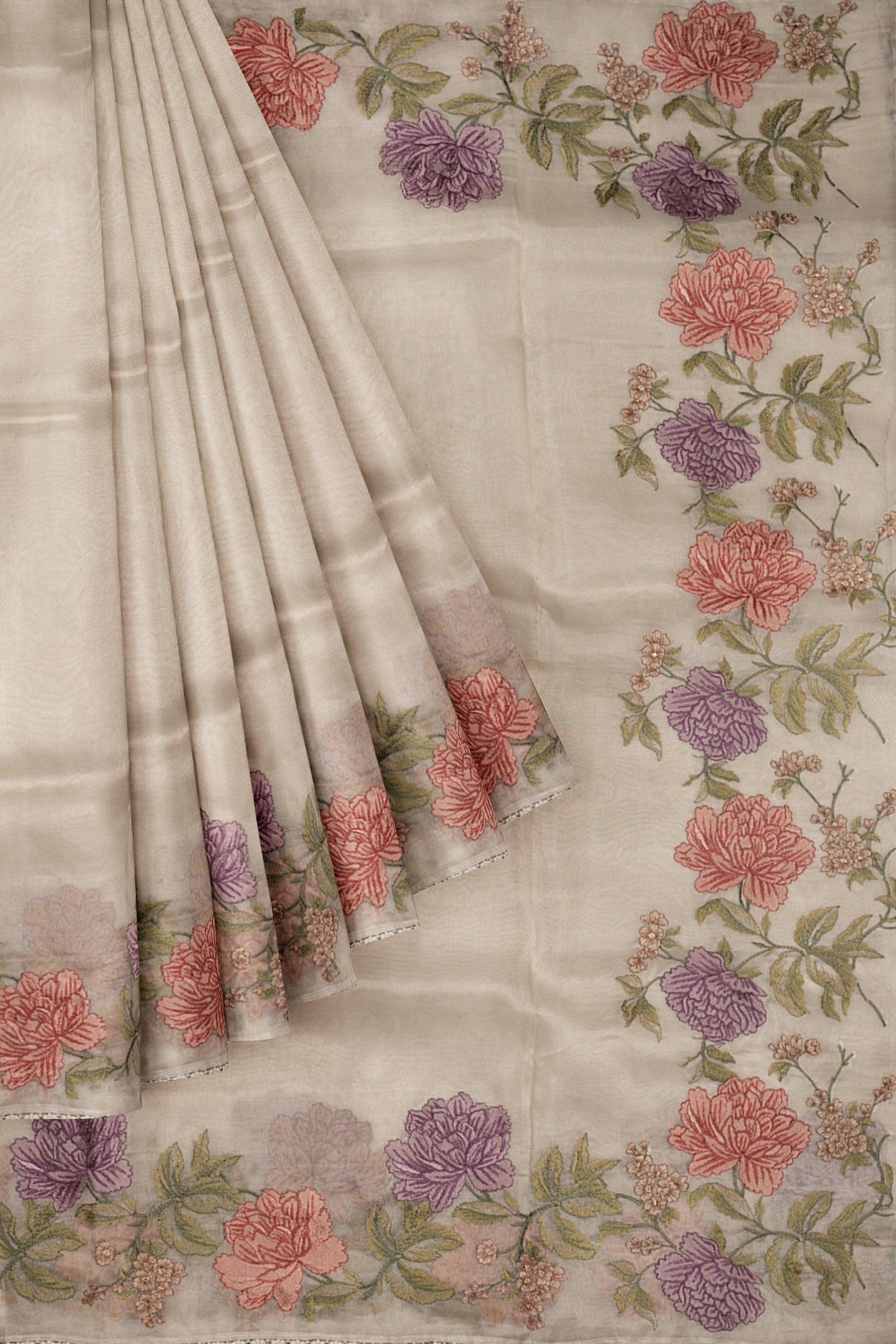 Grey Embroidered Organza Saree F01024