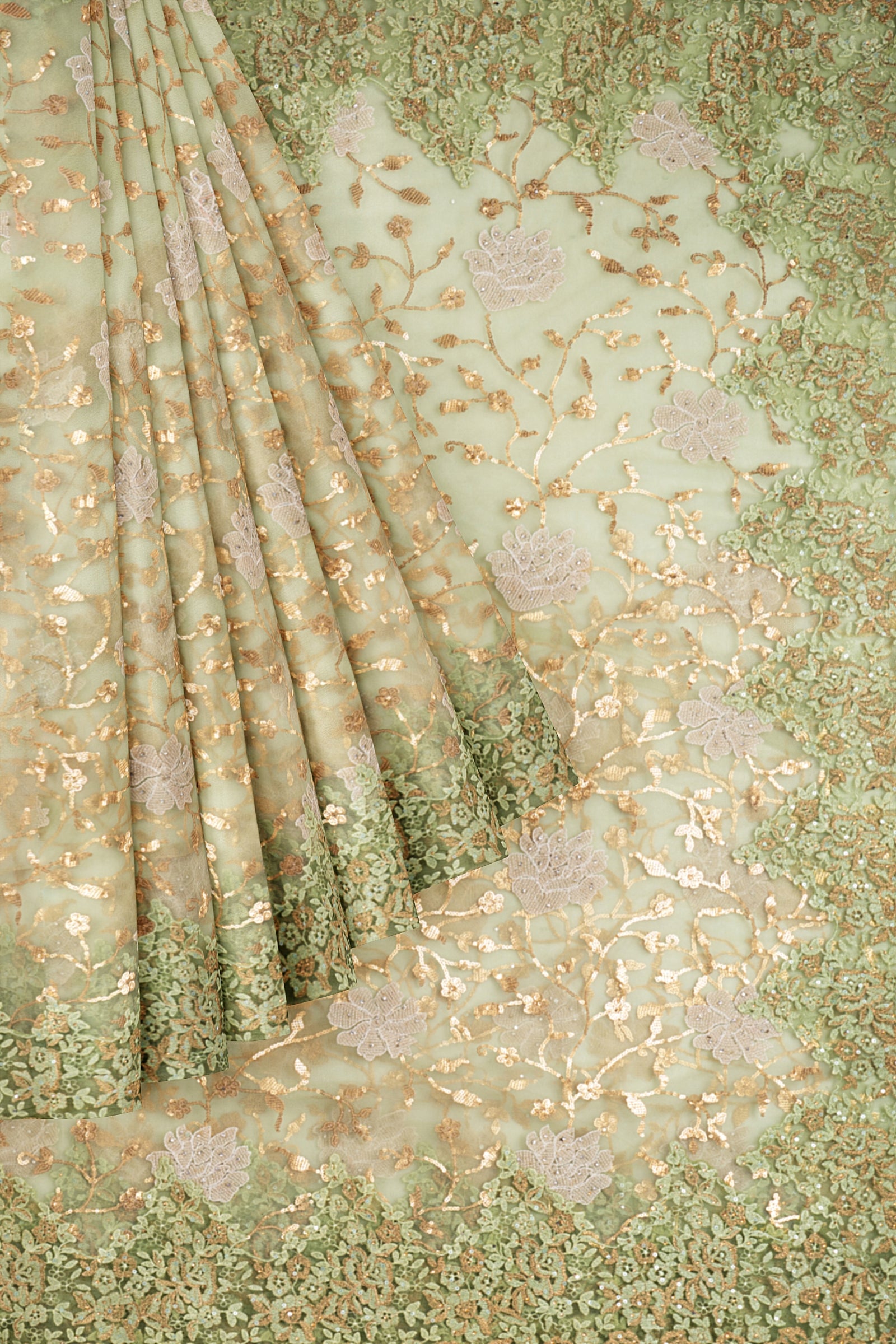 Green Embroidered Net Saree CS0178