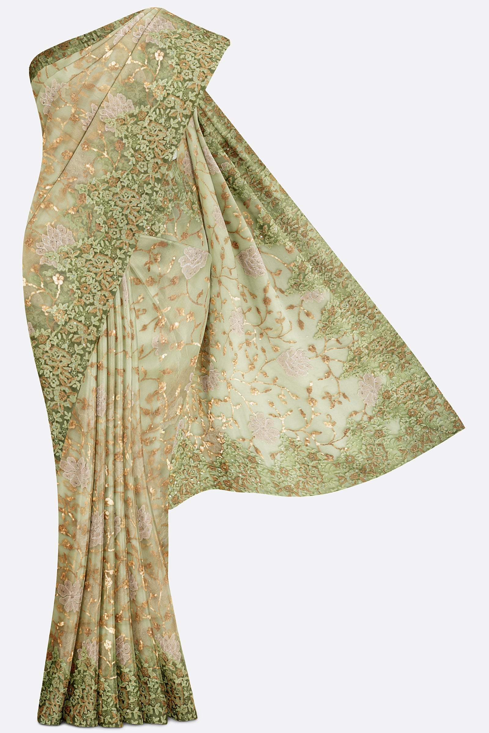 Green Embroidered Net Saree CS0178