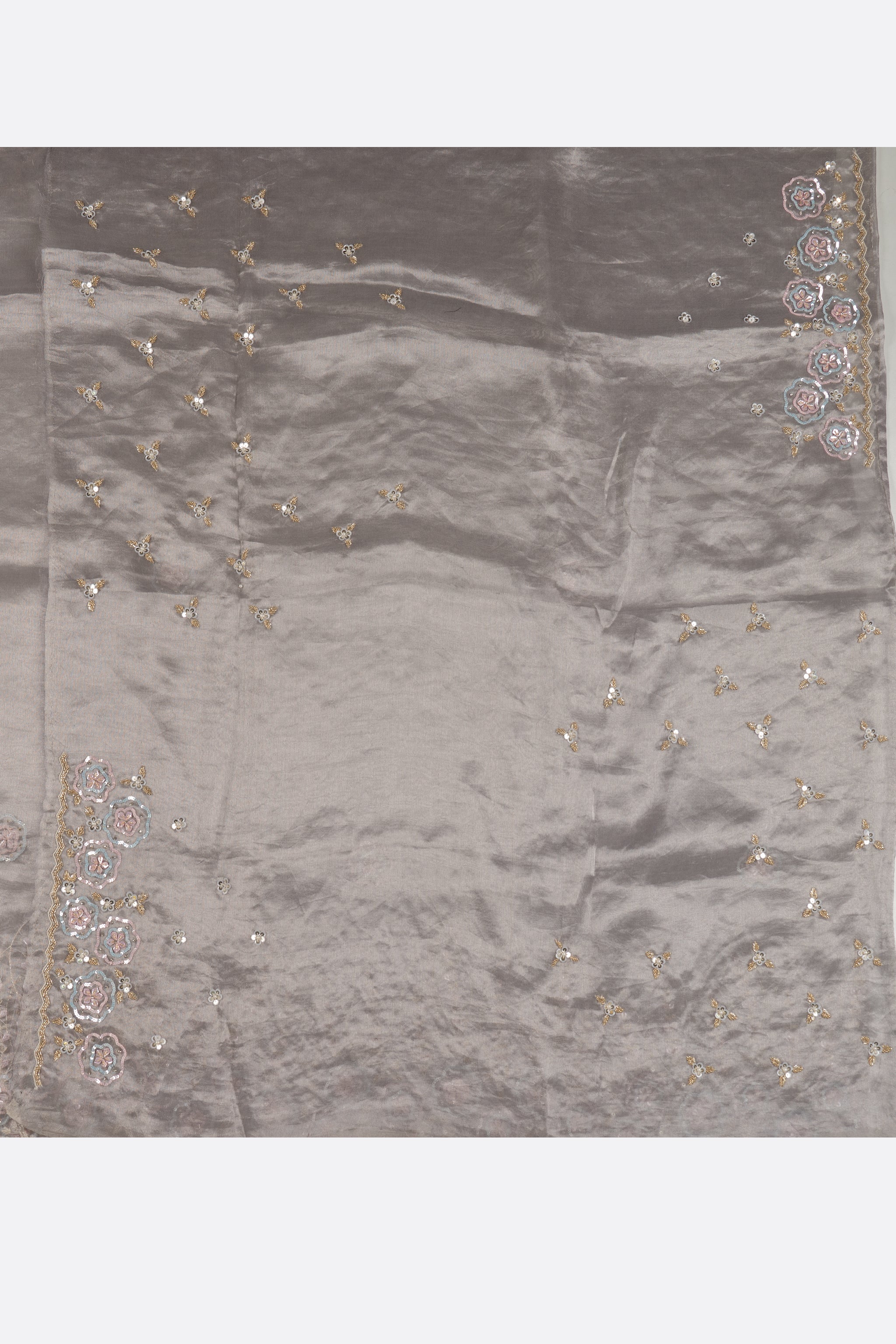 Grey Embroidered Kora Tissue Saree ES1340