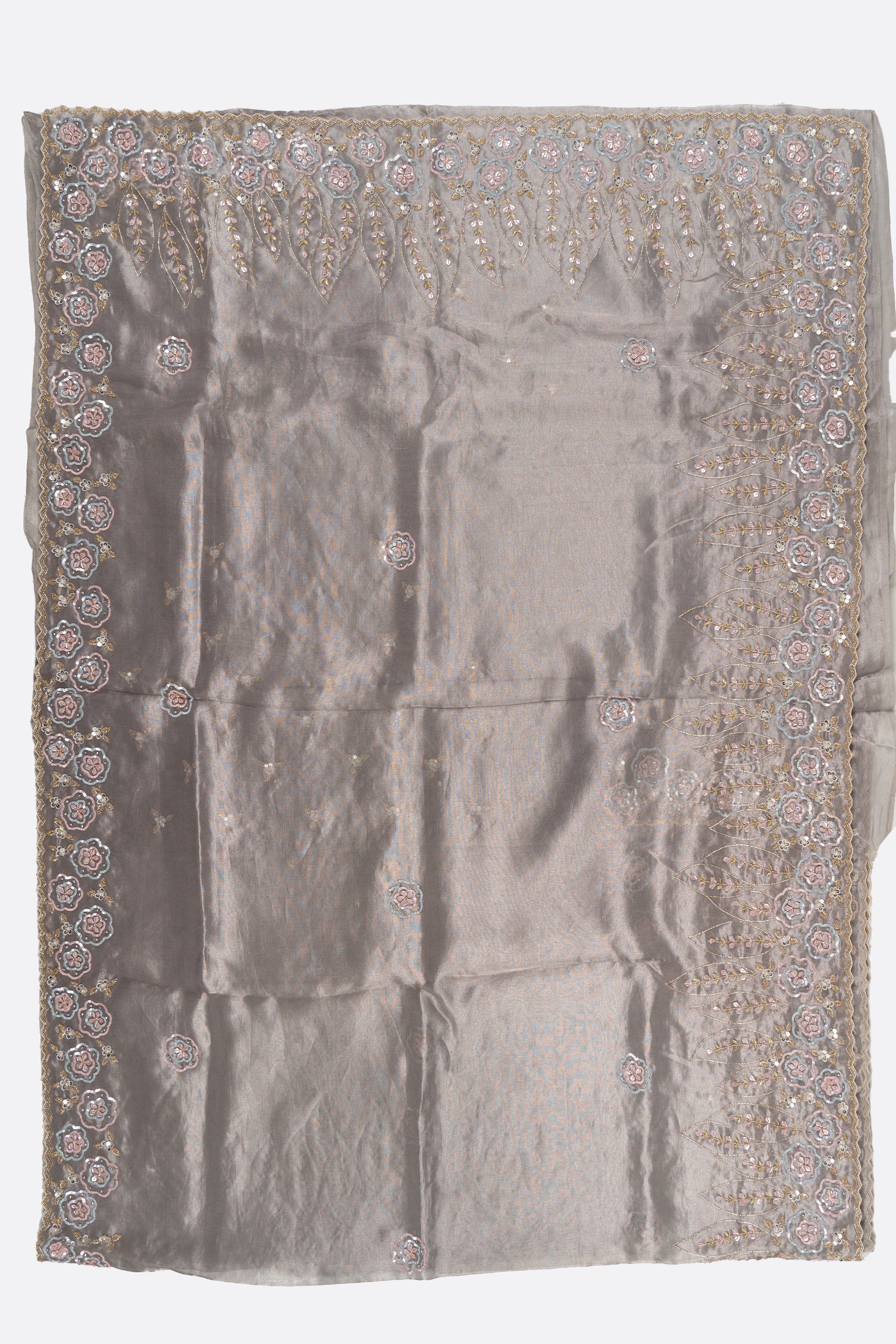 Grey Embroidered Kora Tissue Saree ES1340