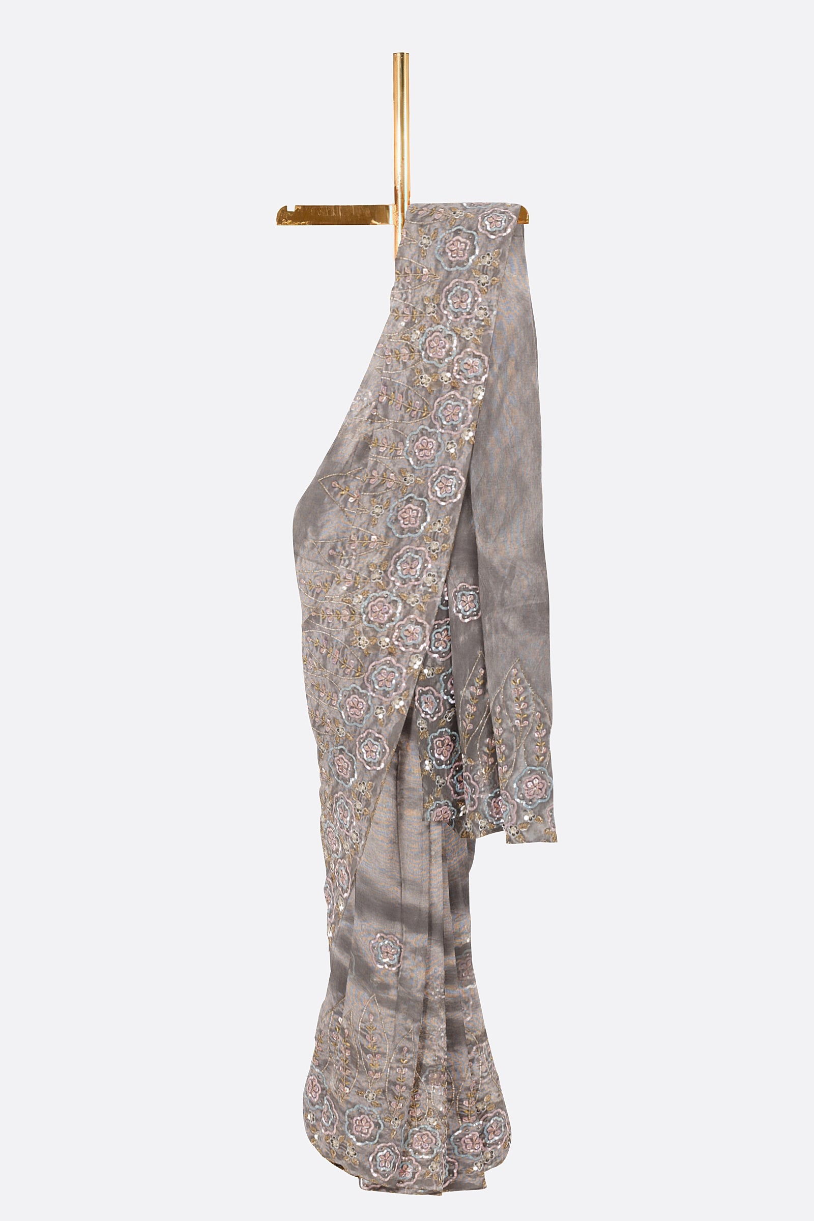 Grey Embroidered Kora Tissue Saree ES1340