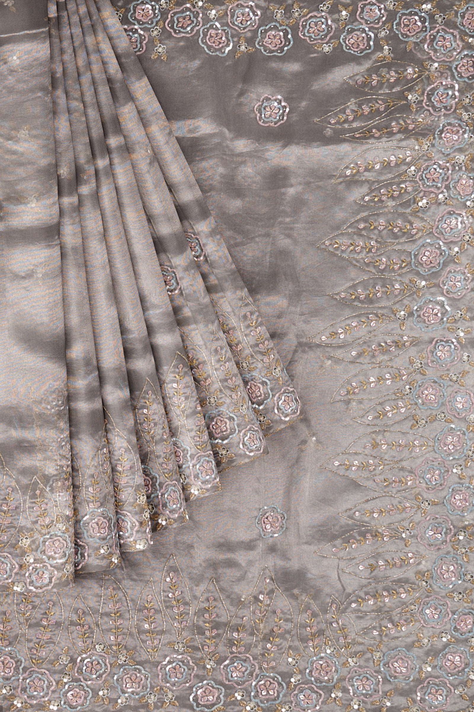 Grey Embroidered Kora Tissue Saree ES1340