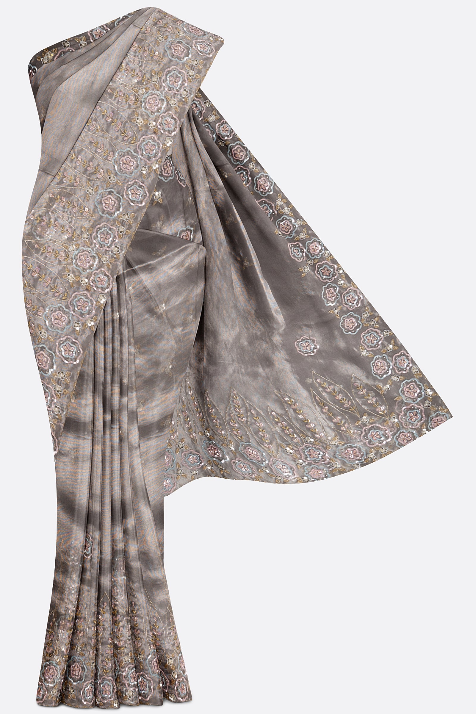 Grey Embroidered Kora Tissue Saree ES1340