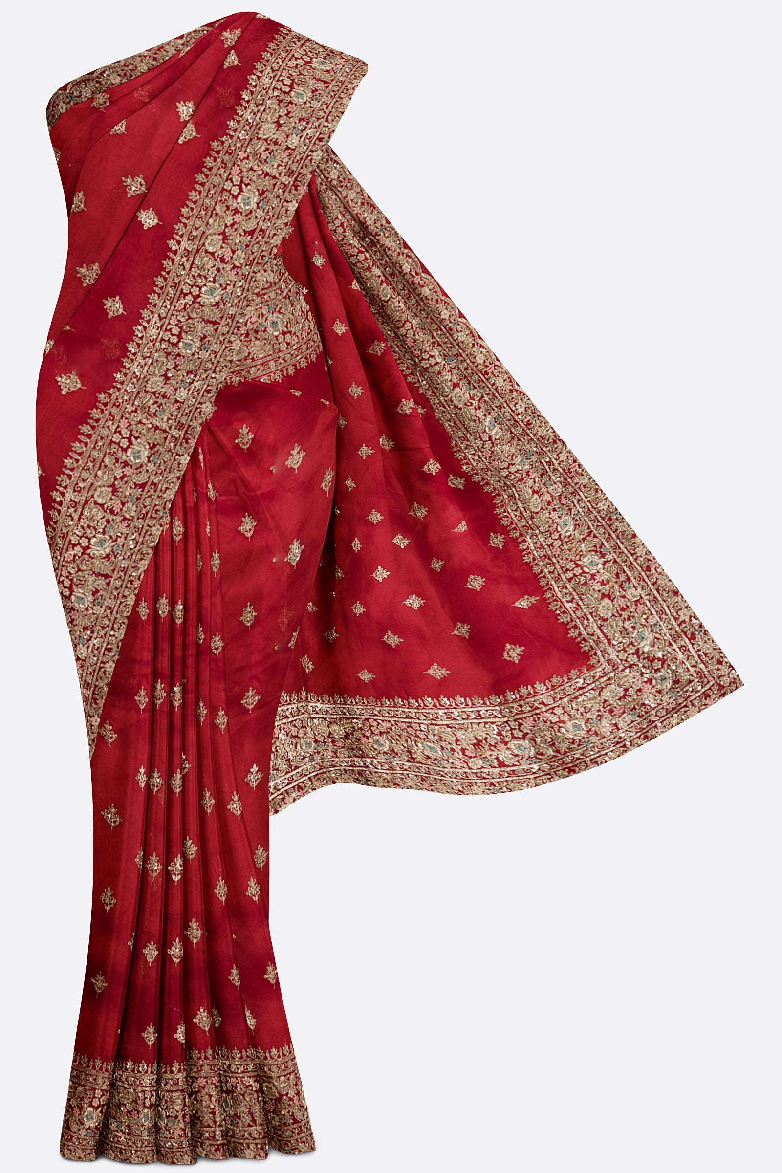Red Embroidered Organza Saree F01187