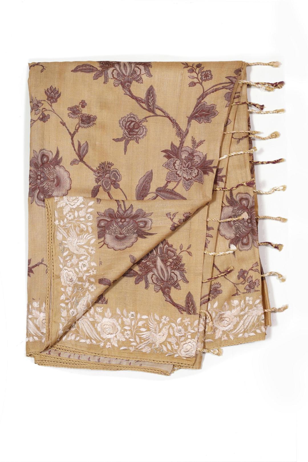 Yellow Printed And Embroidered Tussar Saree F00695C