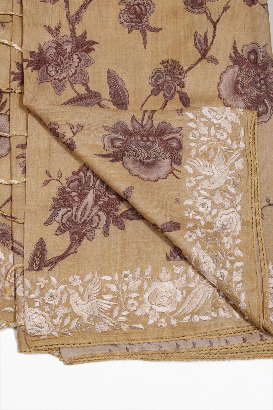 Yellow Printed And Embroidered Tussar Saree F00695C