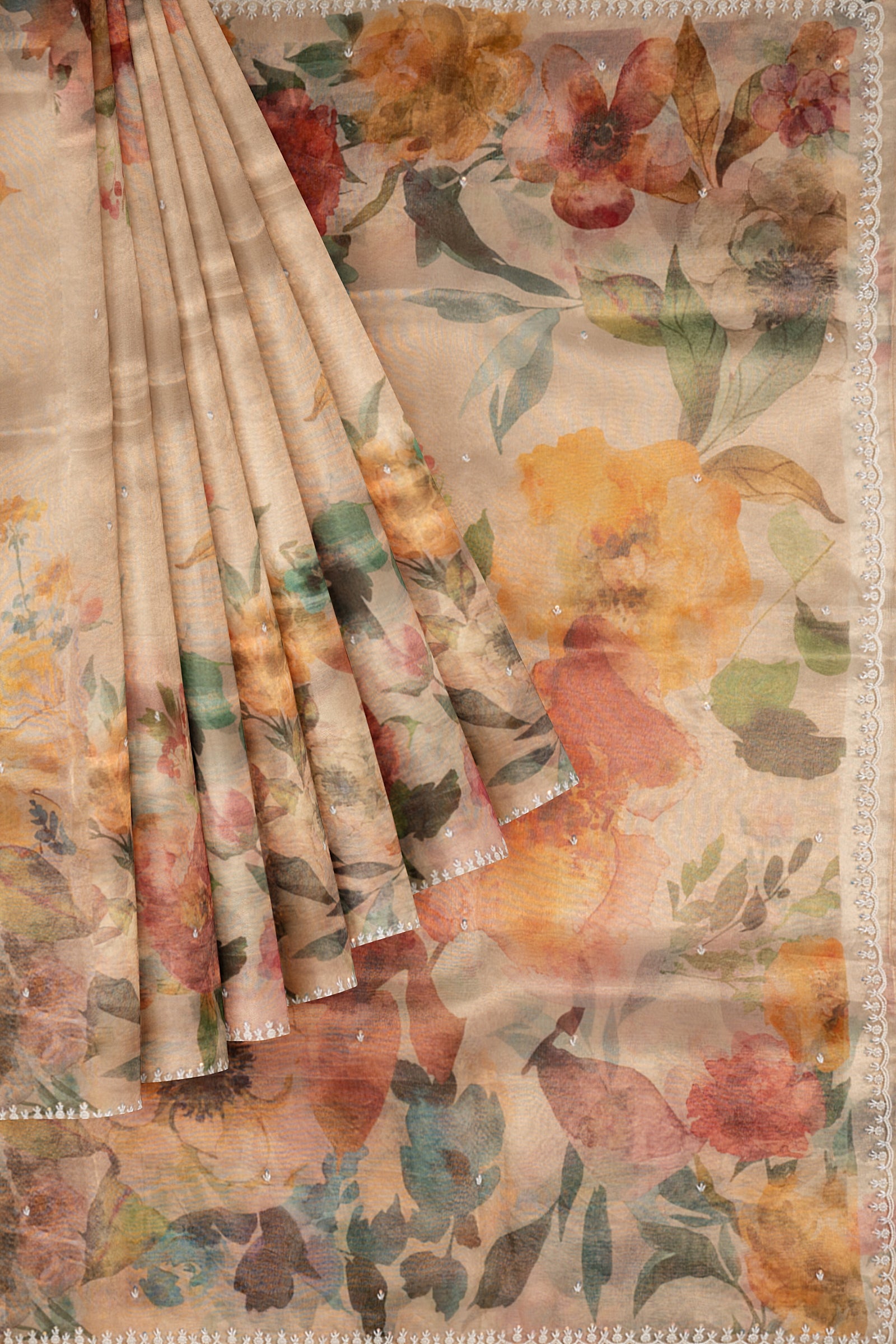 Beige Printed OrganzaTissue Saree F01123