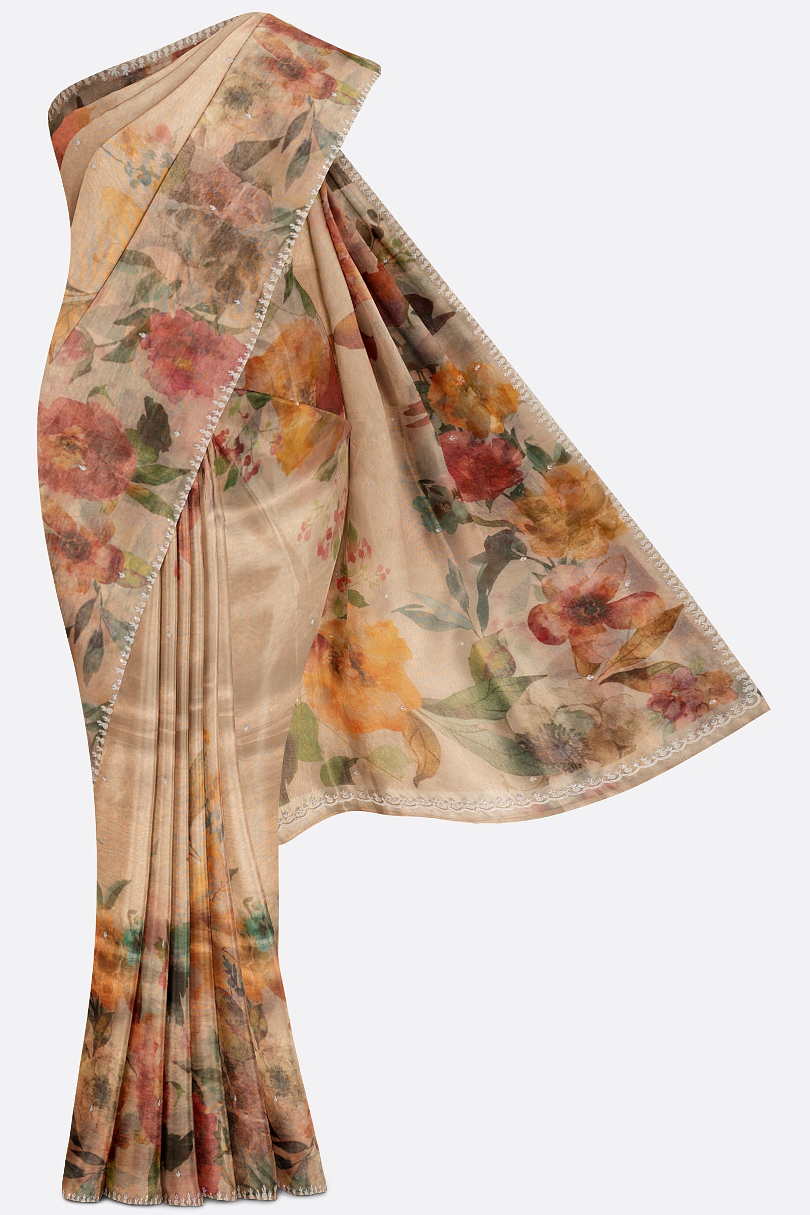 Beige Printed OrganzaTissue Saree F01123