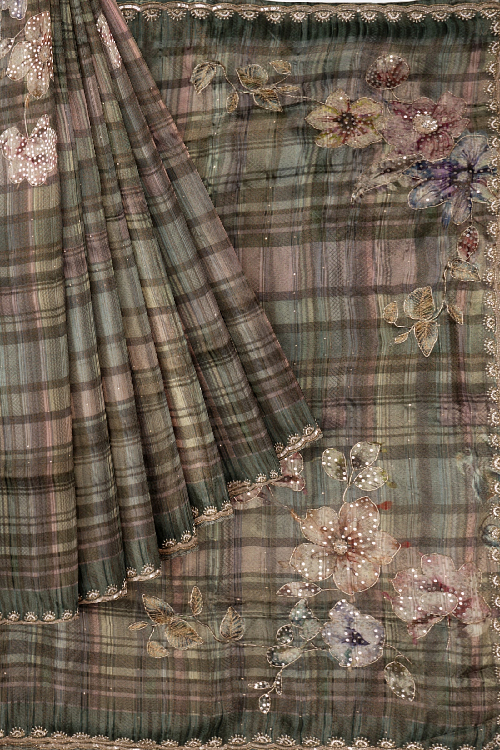 Grey Embellished Georgette Silk Saree F01004