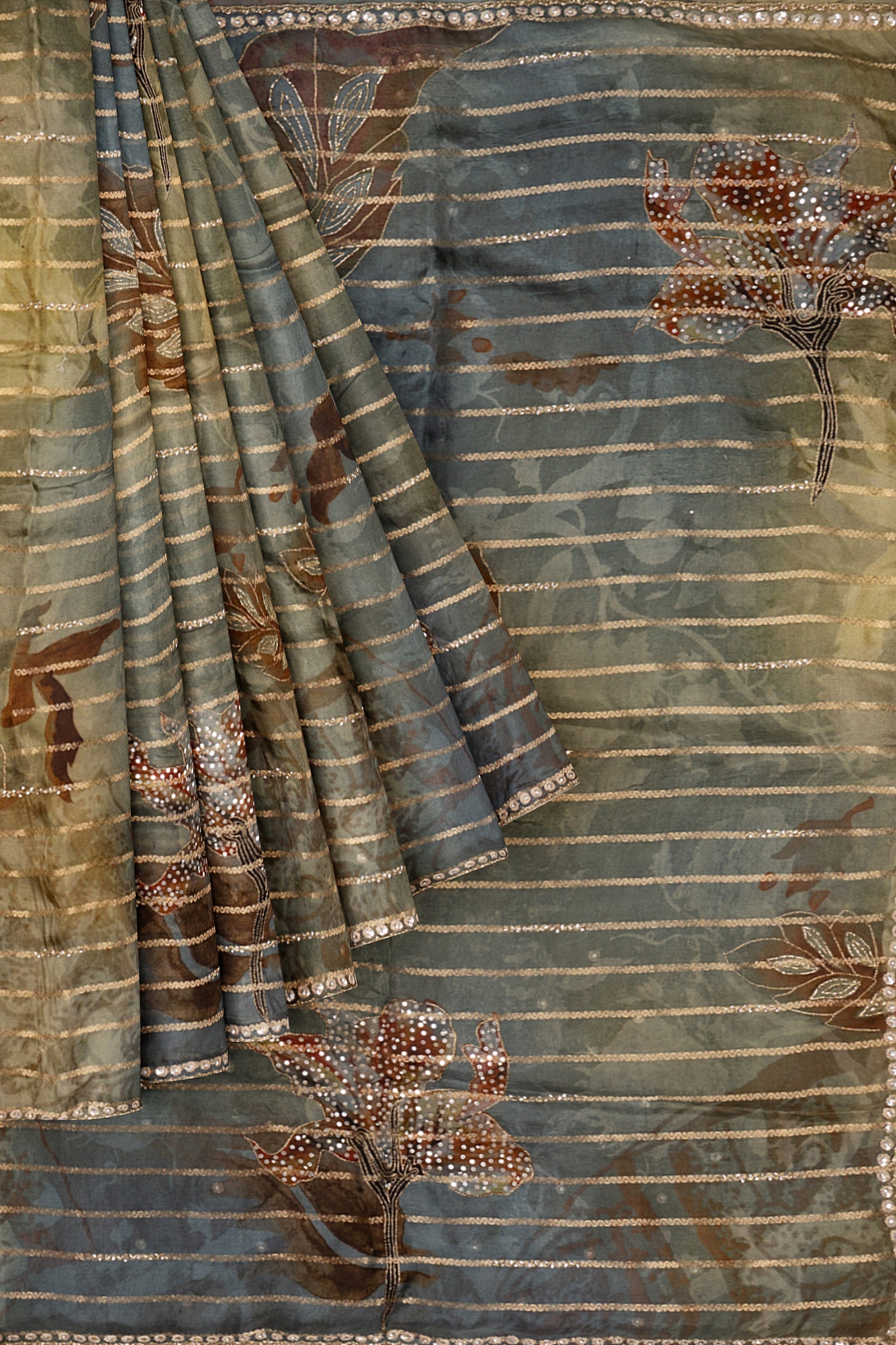 Green Embellished Georgette Silk Saree F01007