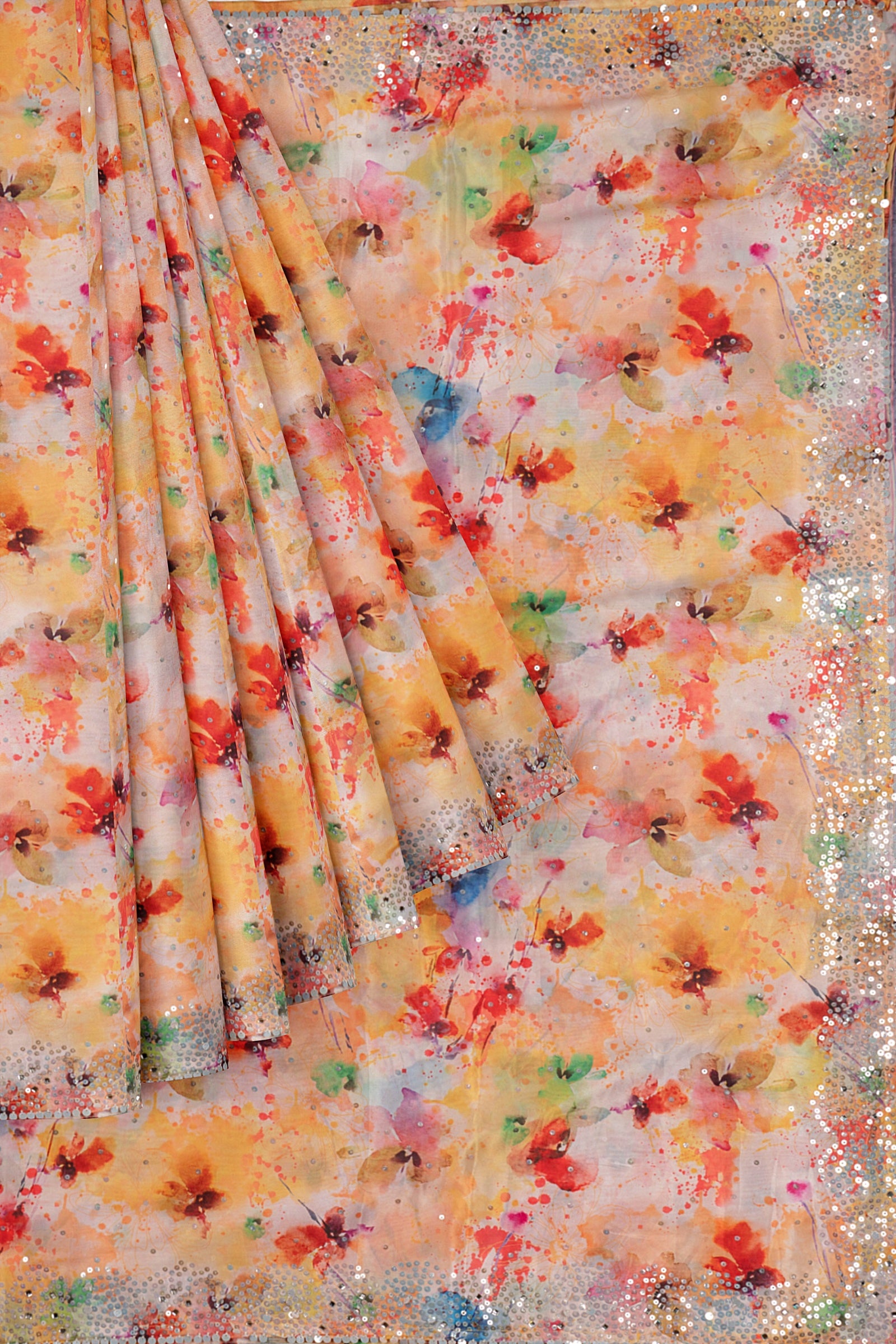 Yellow Printed Satin Saree F01183