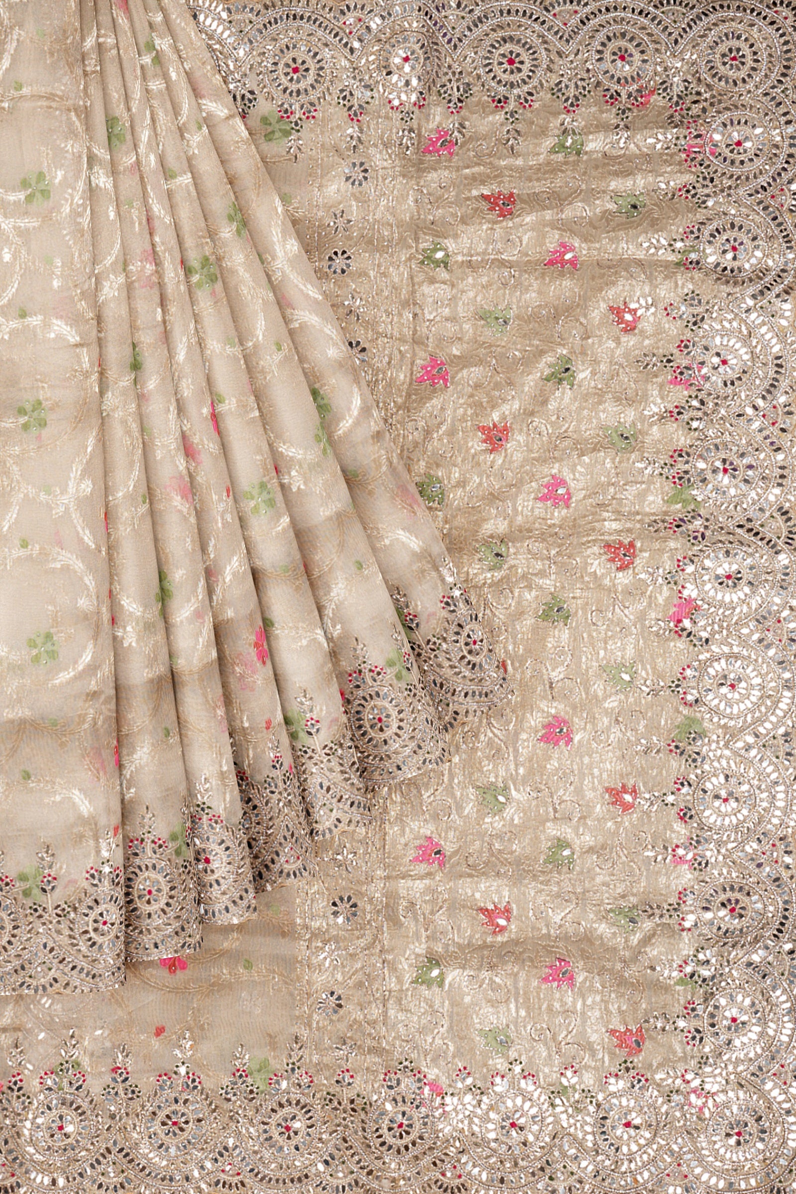 Beige Embellished Tissue Silk Saree F01190