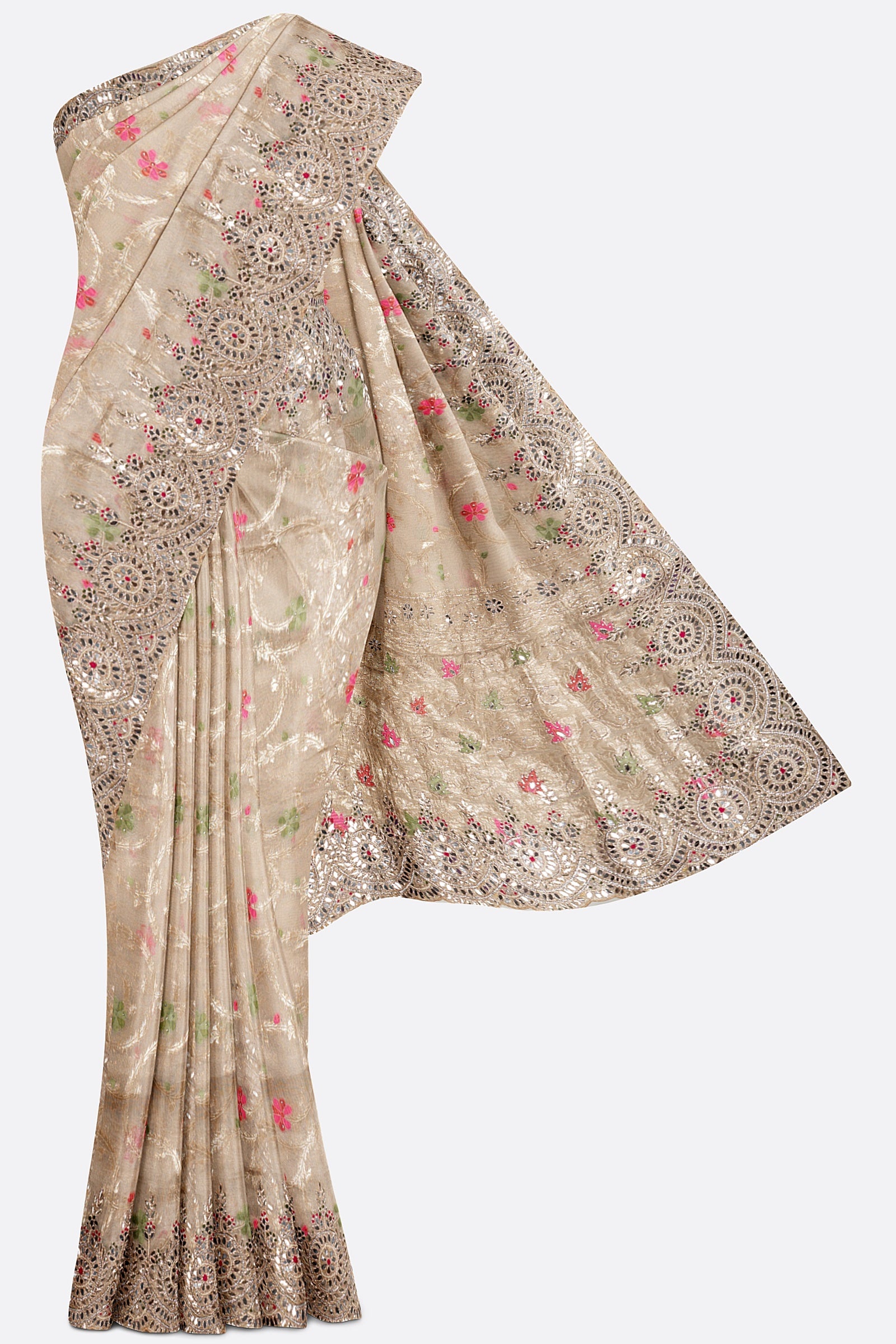 Beige Embellished Tissue Silk Saree F01190