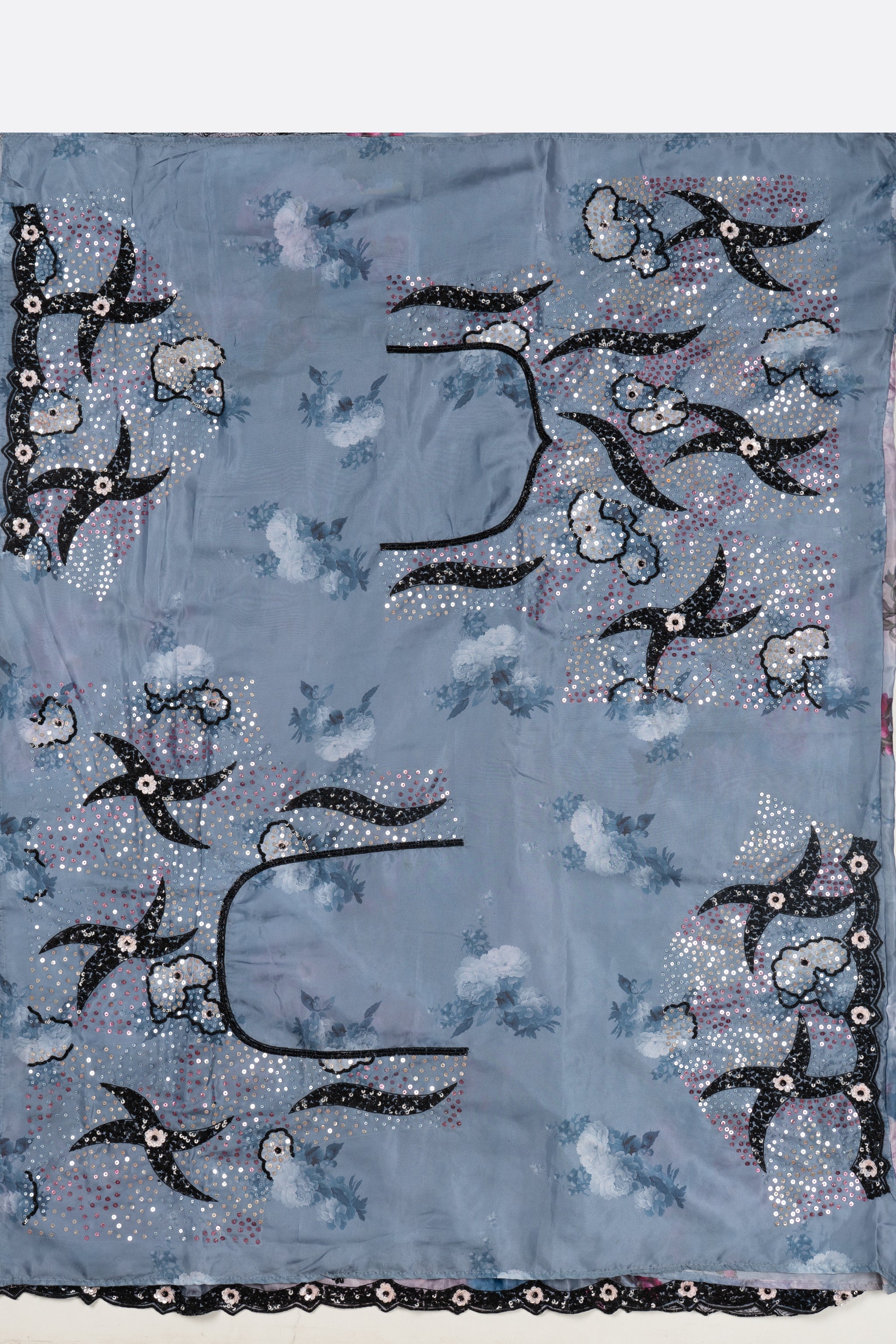 Blue Printed Satin Saree F01181