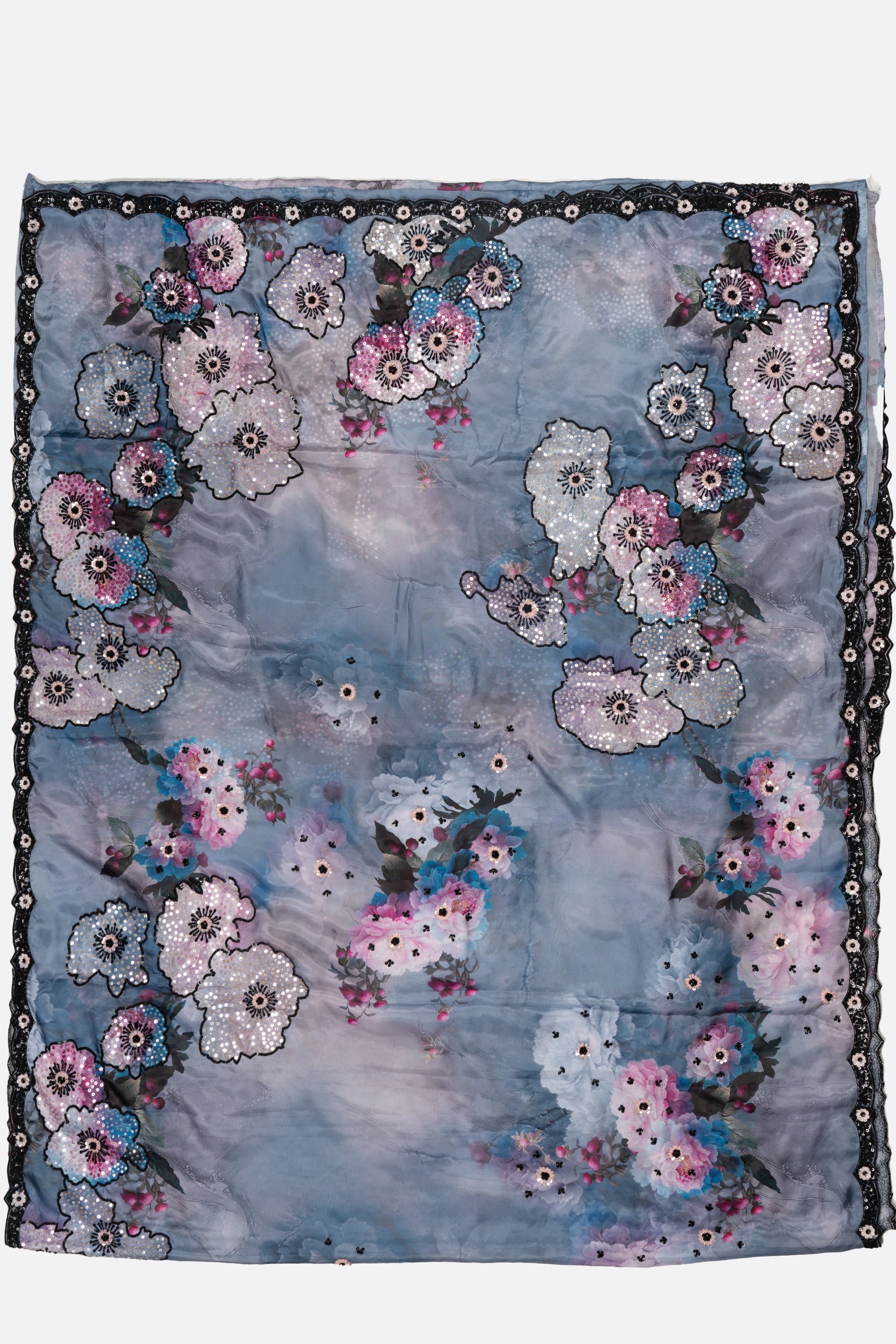 Blue Printed Satin Saree F01181