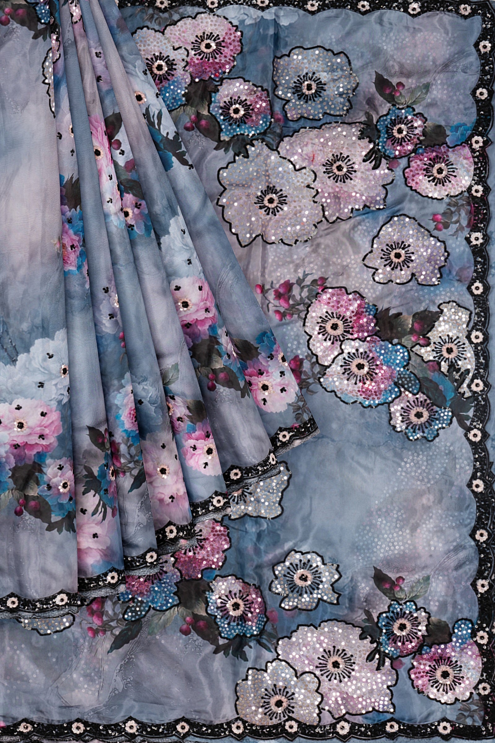 Blue Printed Satin Saree F01181