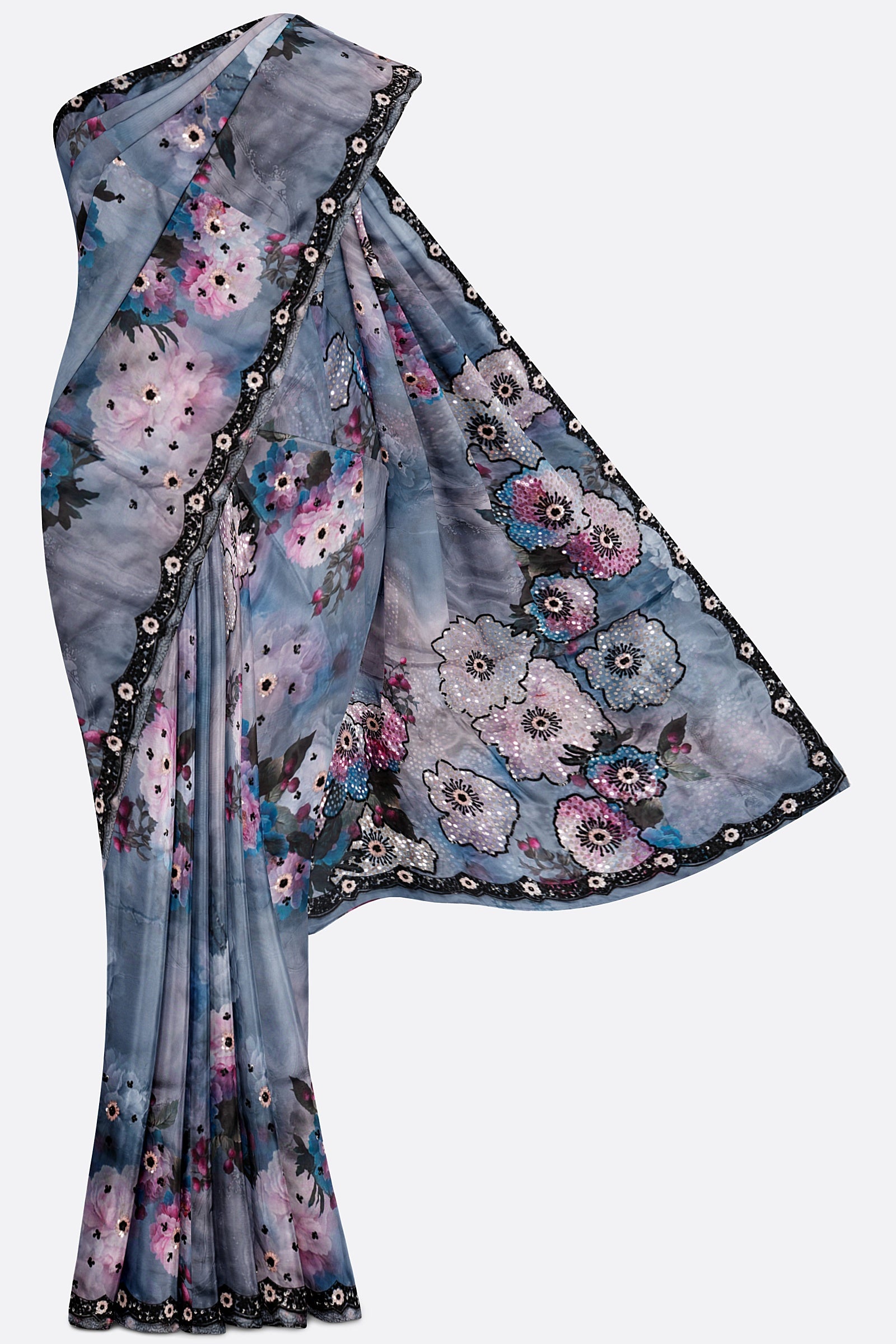 Blue Printed Satin Saree F01181