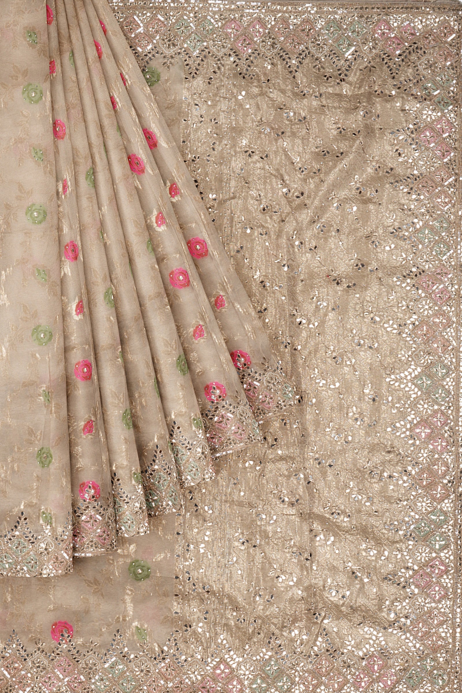 Beige Embellished Tissue Silk Saree F01182