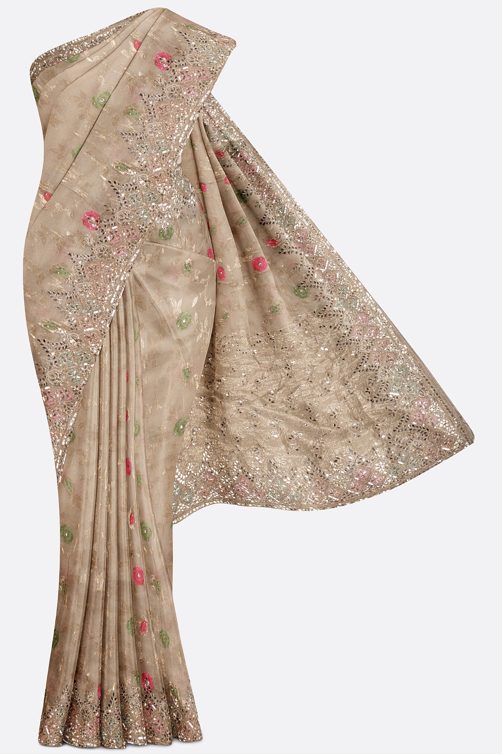 Beige Embellished Tissue Silk Saree F01182