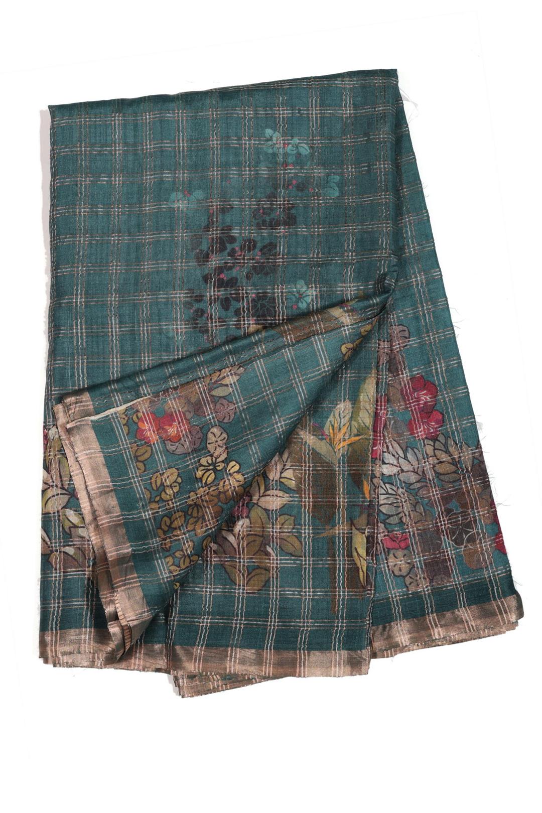 Teal Blue Printed Tussar Saree F00697D