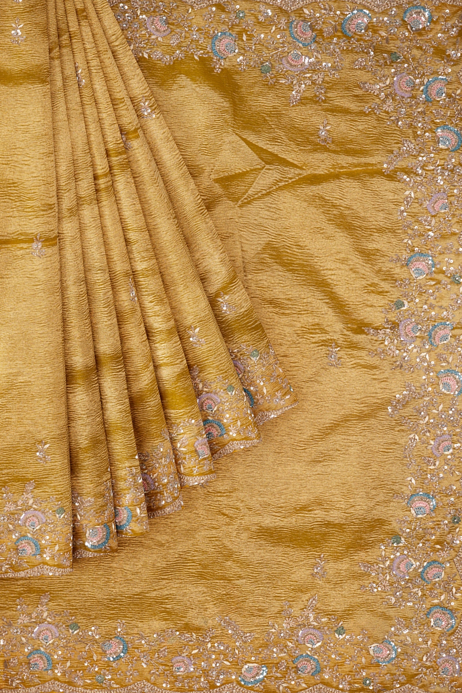 Yellow Embellished Crush Tissue Saree F00179