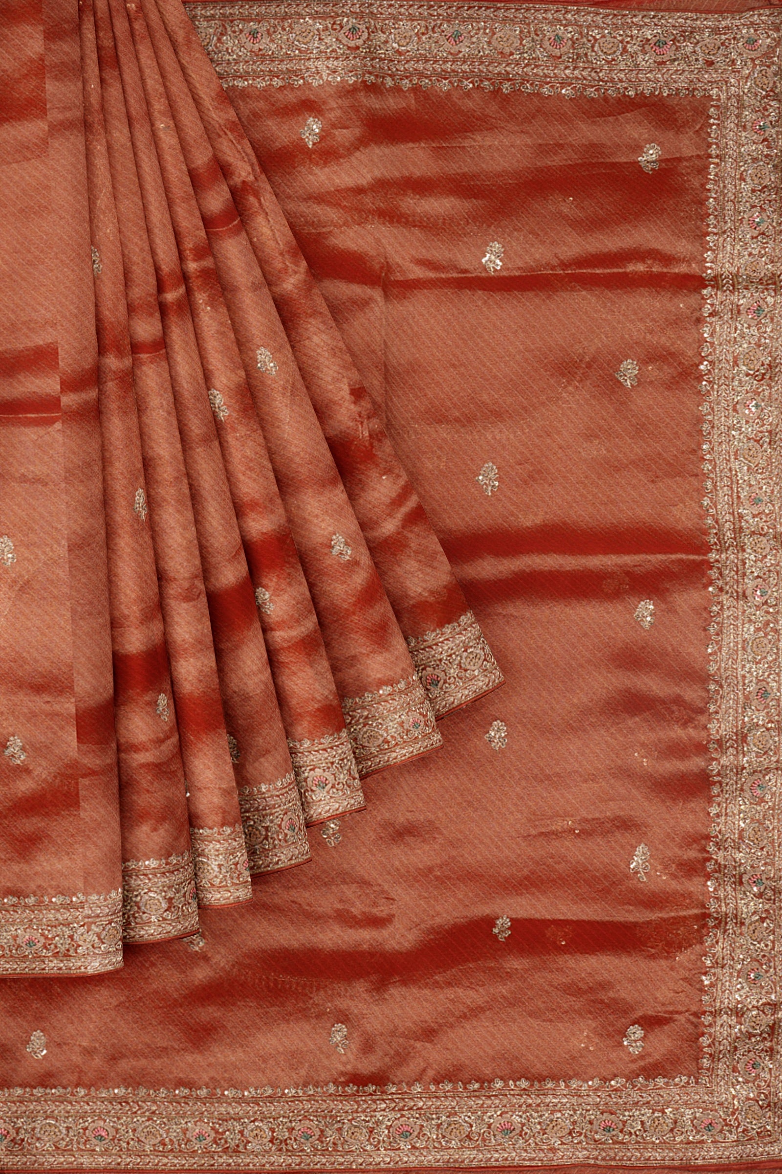 Orange Embellished Tissue Saree F01193