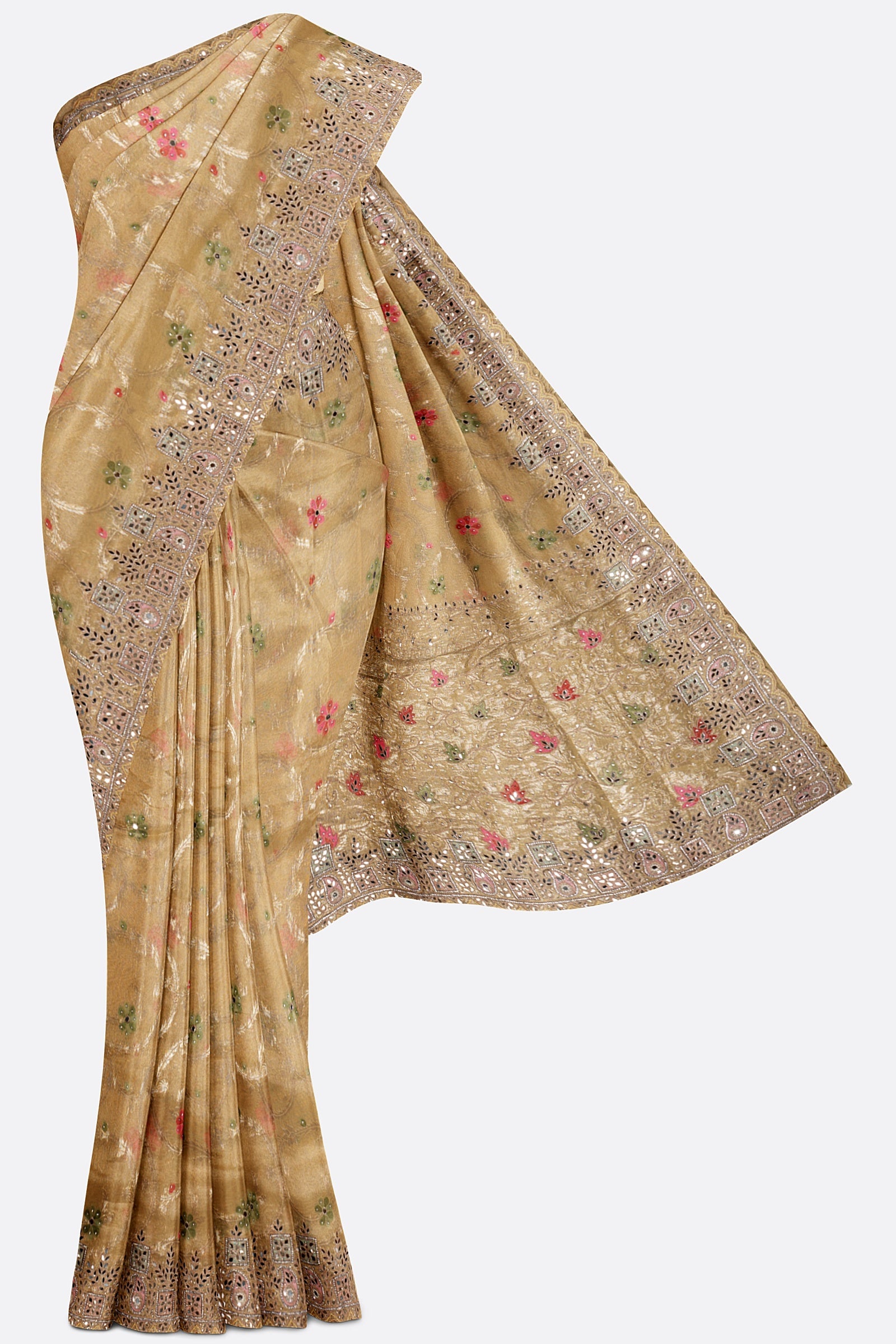 Yellow Embellished Tissue Silk Saree F01189