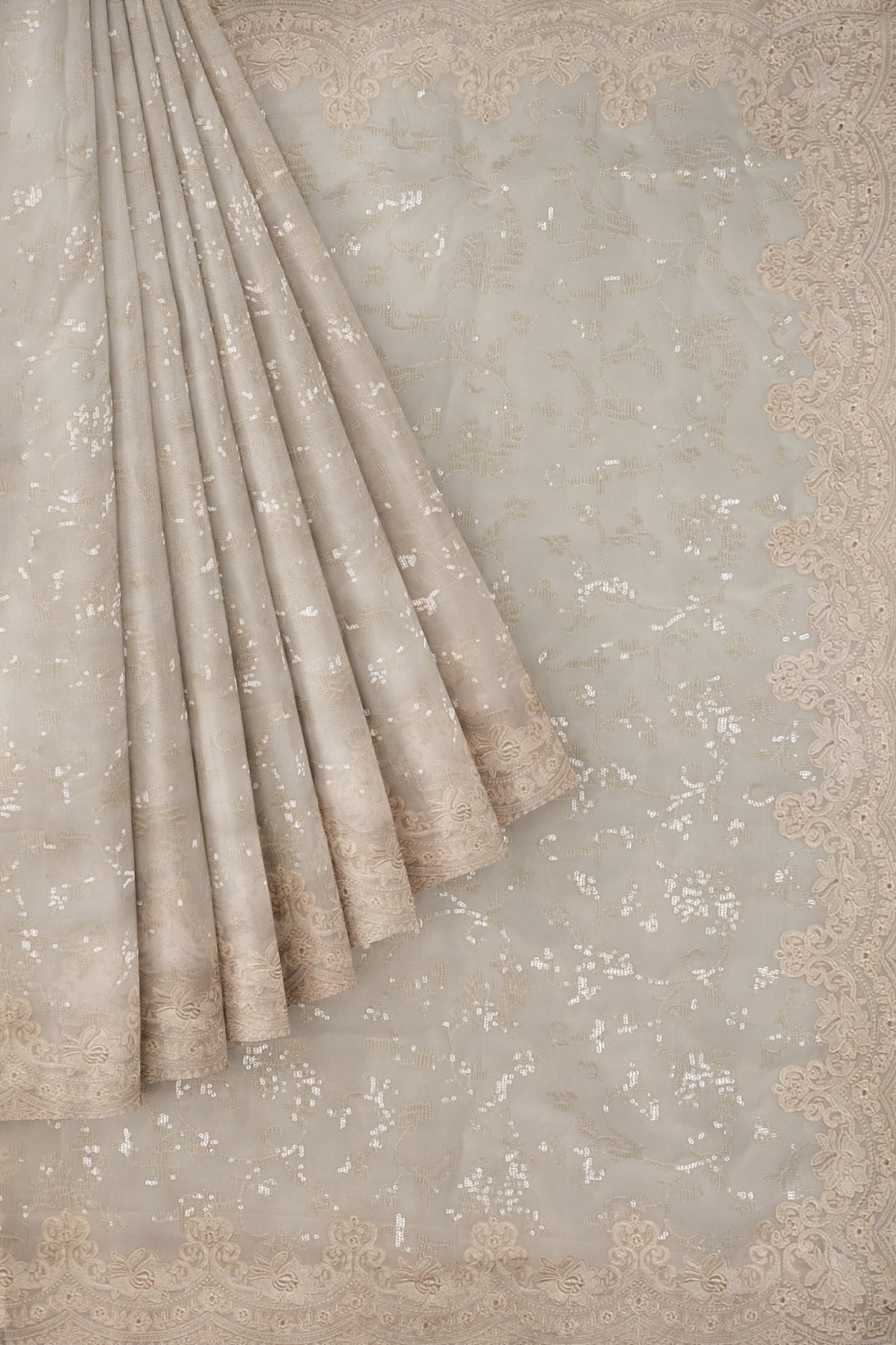 Off White Embellished Georgette Saree F00762