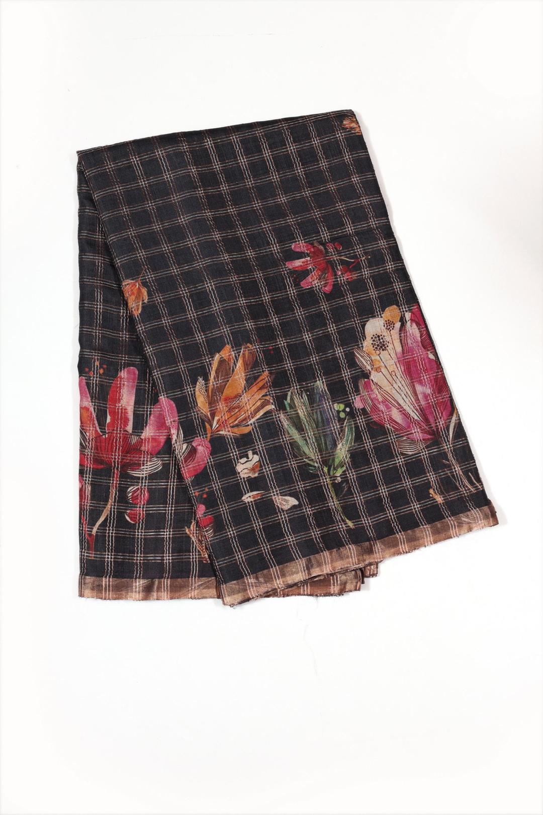 Dark Brown Printed Tussar Saree F00697E