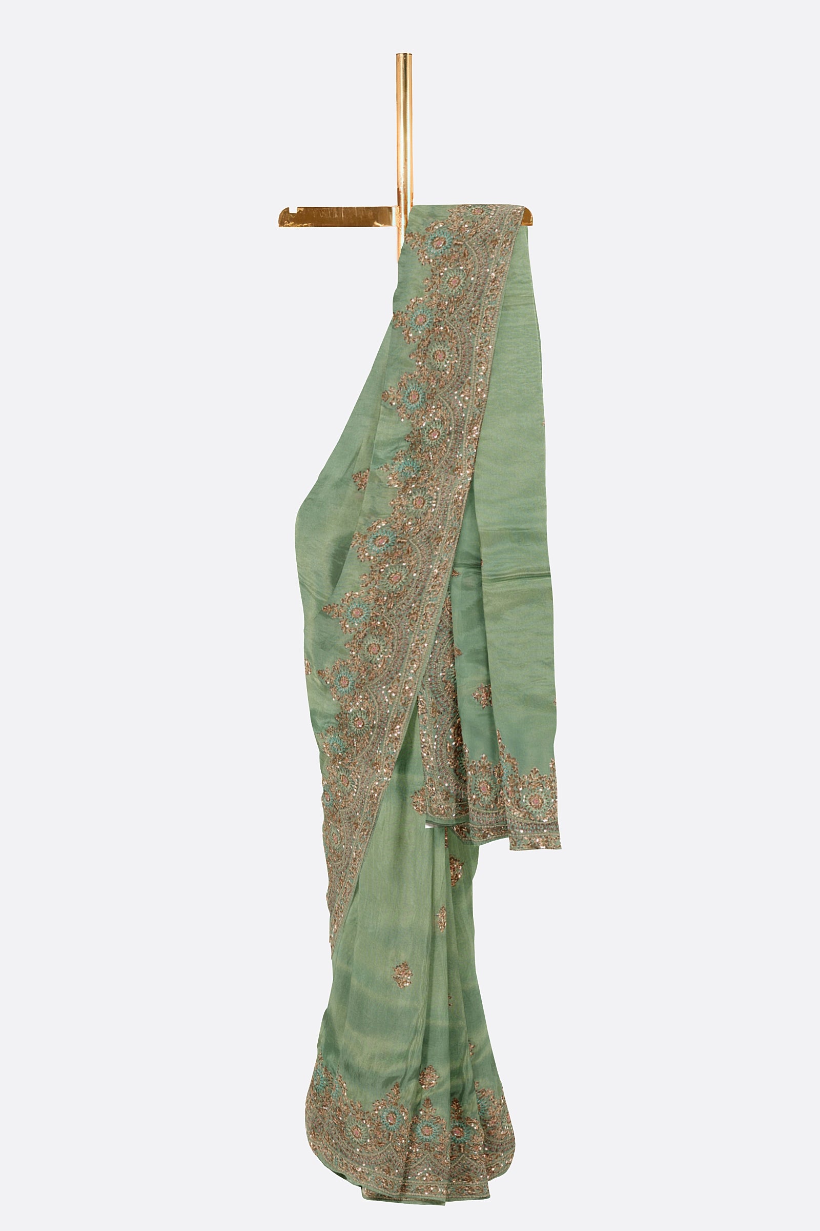 Green Embellished Tissue Saree F00843
