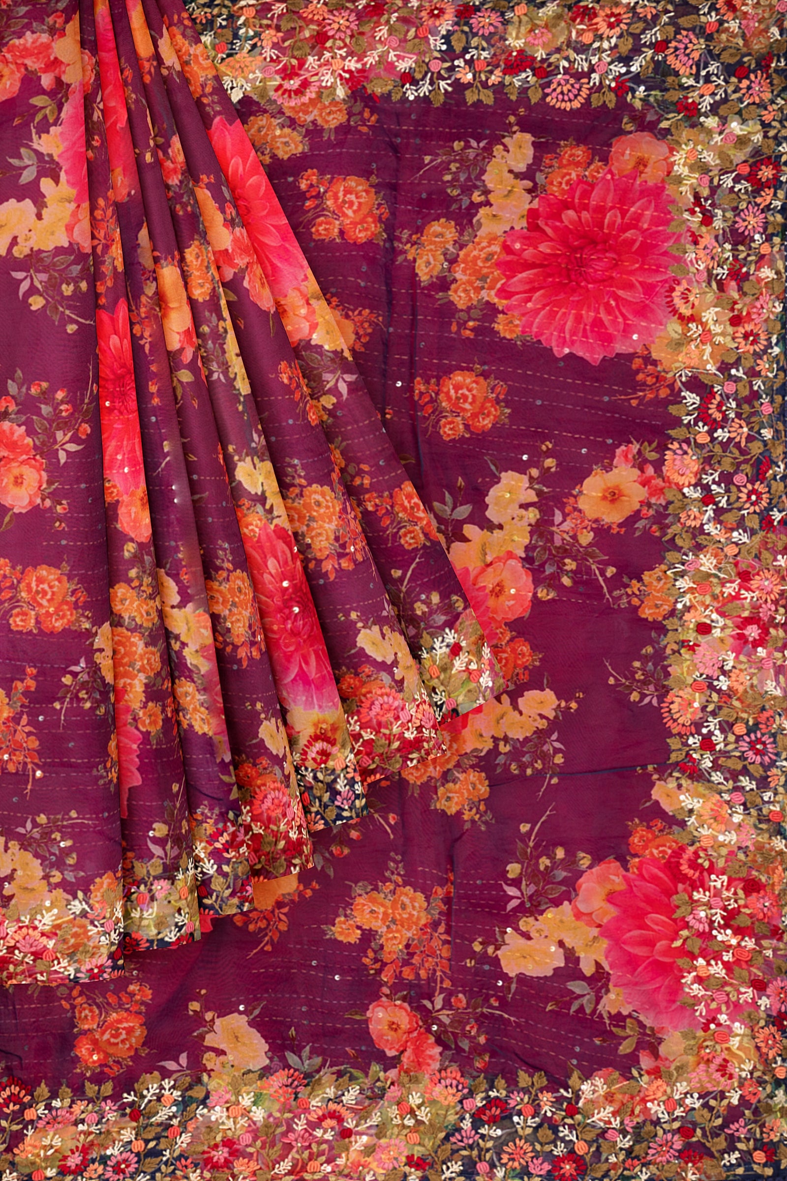 Violet Printed Kora Saree F01090