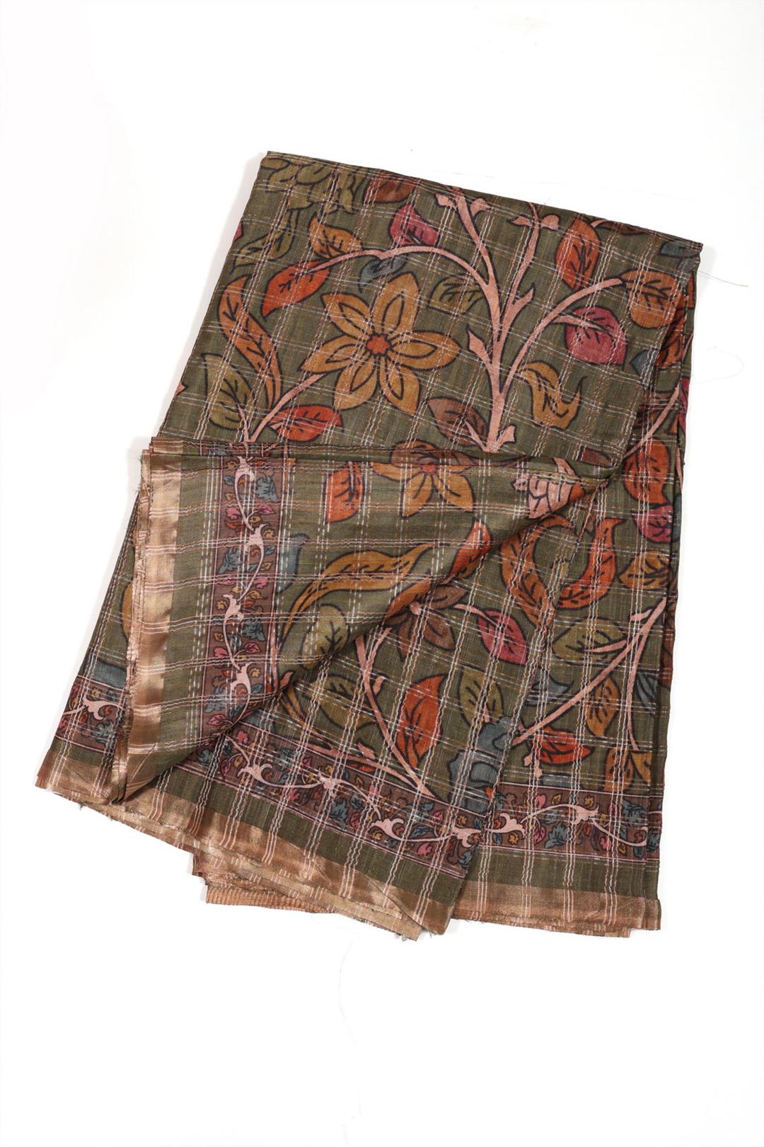 Olive Green Printed Tussar Saree F00697H