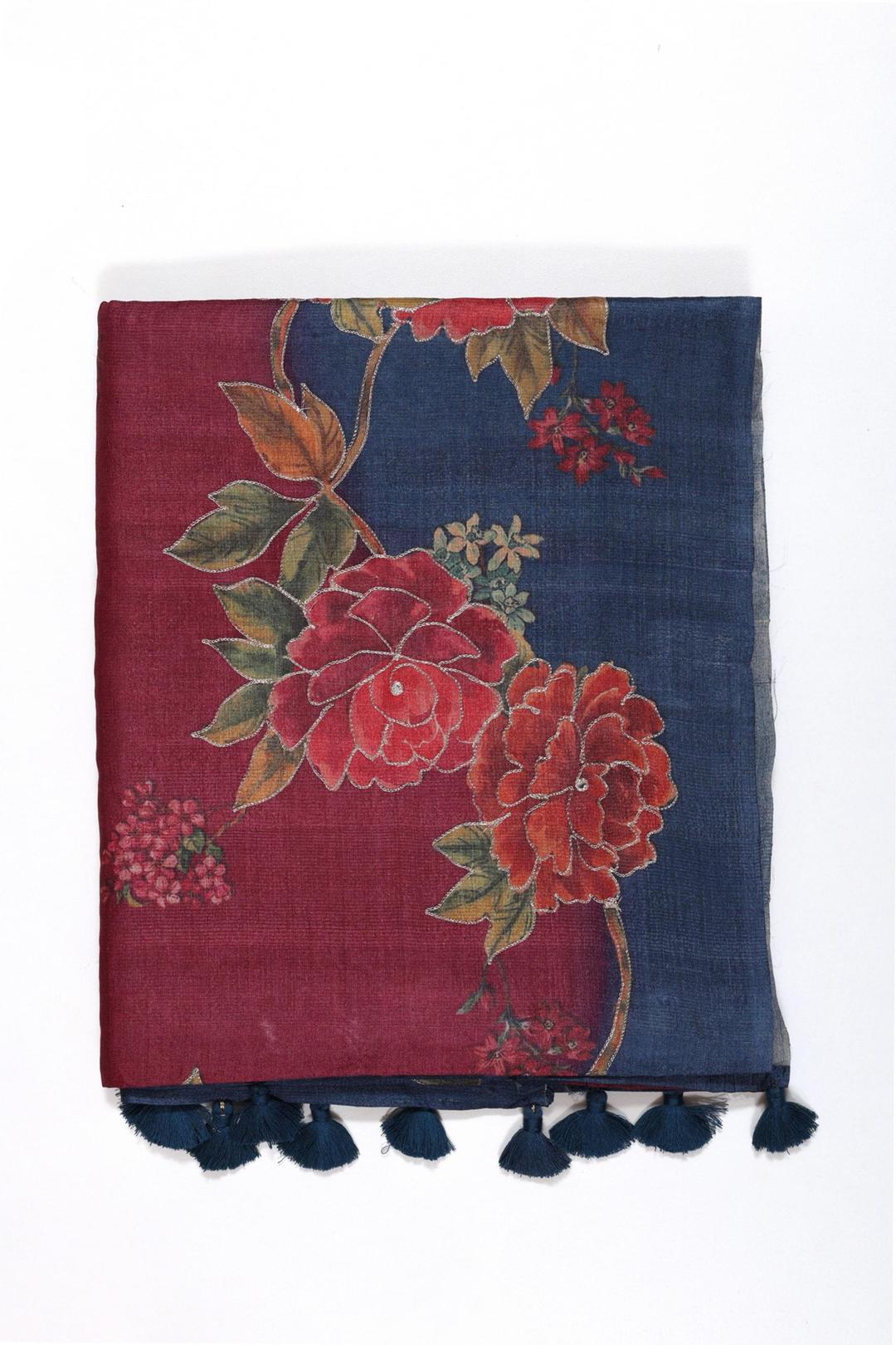 Blue And Pink Printed Tussar Saree F00693A