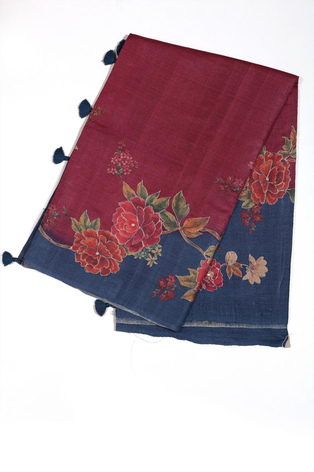 Blue And Pink Printed Tussar Saree F00693A