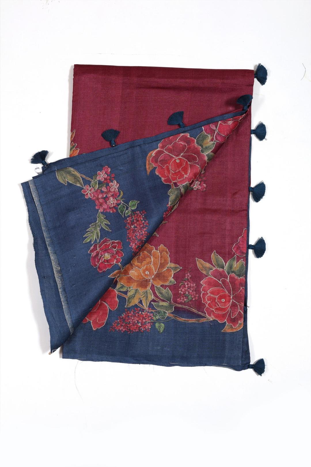 Blue And Pink Printed Tussar Saree F00693A